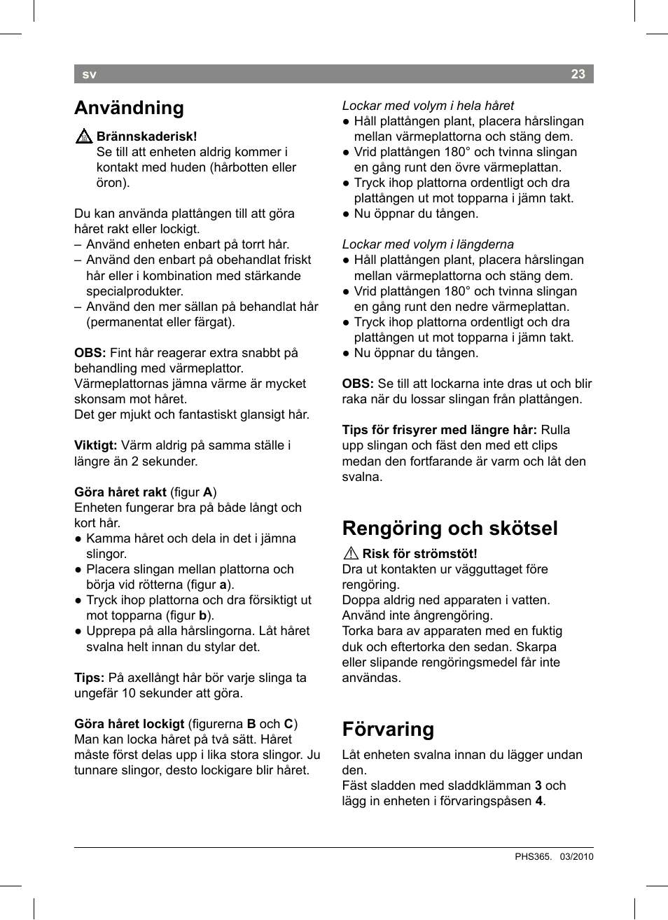 Rengöring och skötsel, Förvaring, Användning | Bosch PHS3651 Haarglätter BrilliantCare Business User Manual | Page 27 / 64
