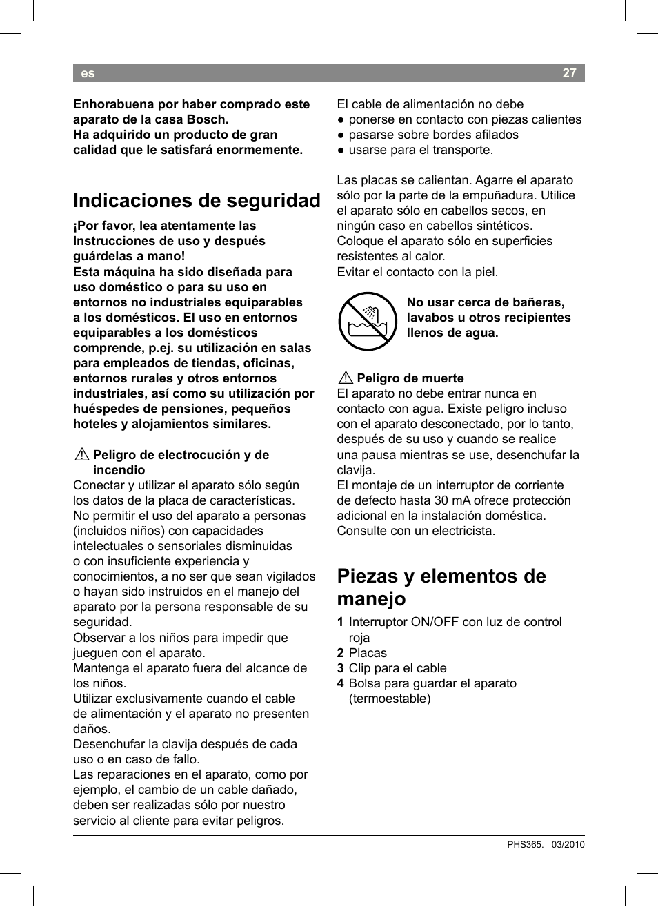 Piezas y elementos de manejo, Indicaciones de seguridad | Bosch PHS3651 Haarglätter BrilliantCare Business User Manual | Page 31 / 64