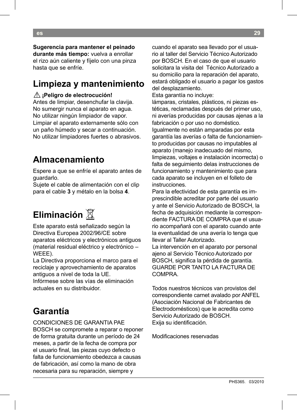 Limpieza y mantenimiento, Almacenamiento, Eliminación | Garantía | Bosch PHS3651 Haarglätter BrilliantCare Business User Manual | Page 33 / 64