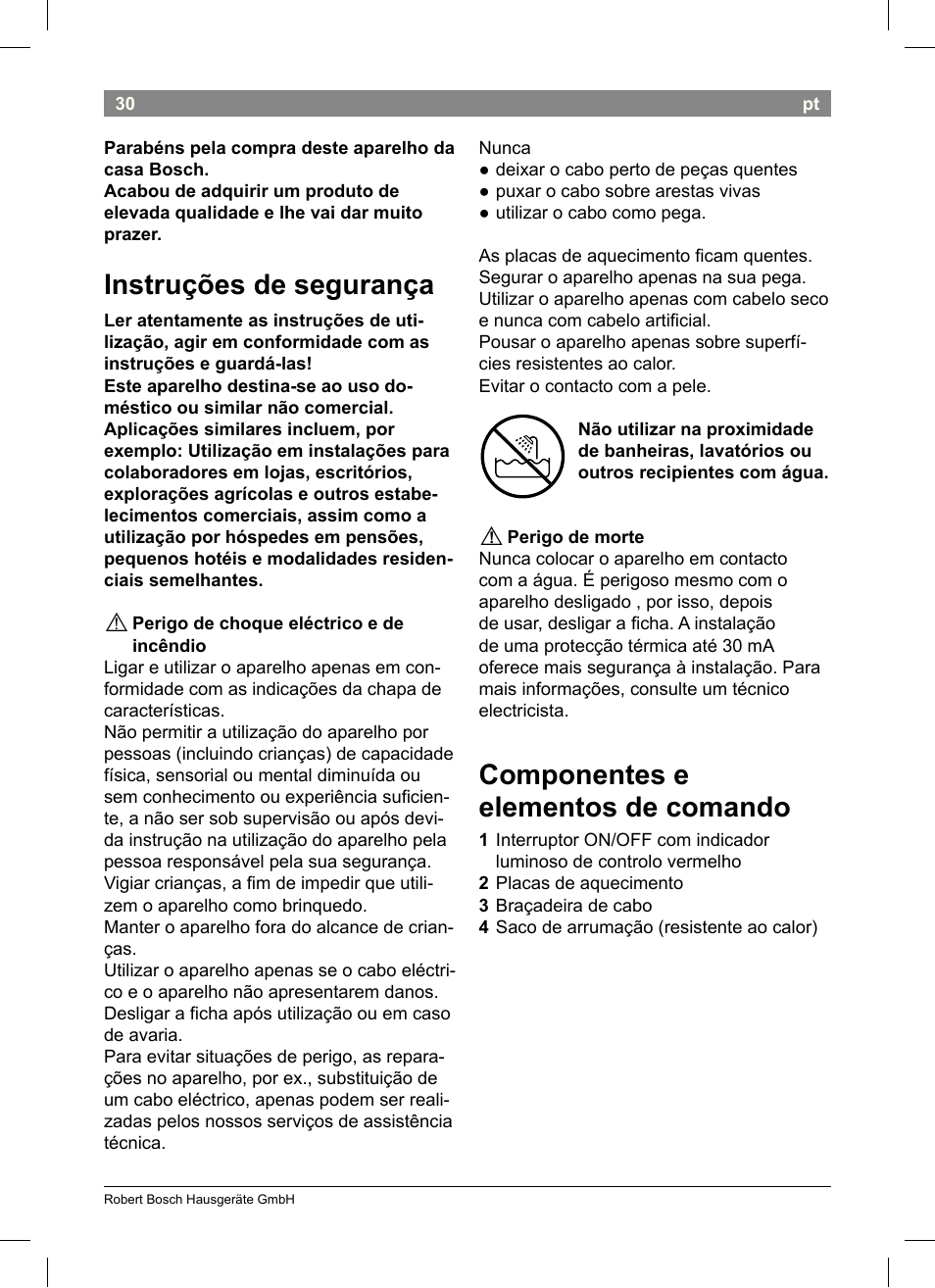 Instruções de segurança, Componentes e elementos de comando | Bosch PHS3651 Haarglätter BrilliantCare Business User Manual | Page 34 / 64