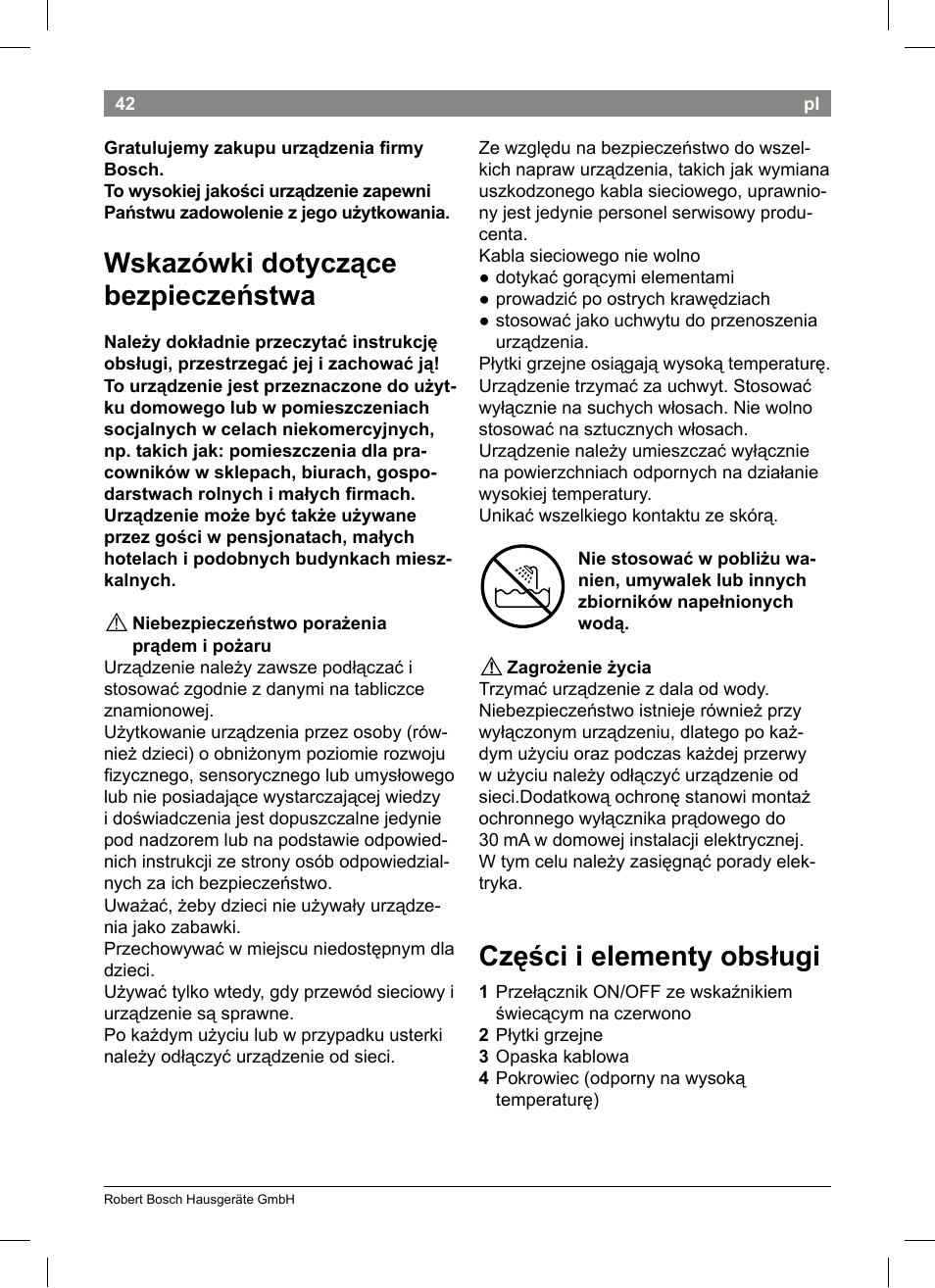 Wskazówki dotyczące bezpieczeństwa, Części i elementy obsługi | Bosch PHS3651 Haarglätter BrilliantCare Business User Manual | Page 46 / 64