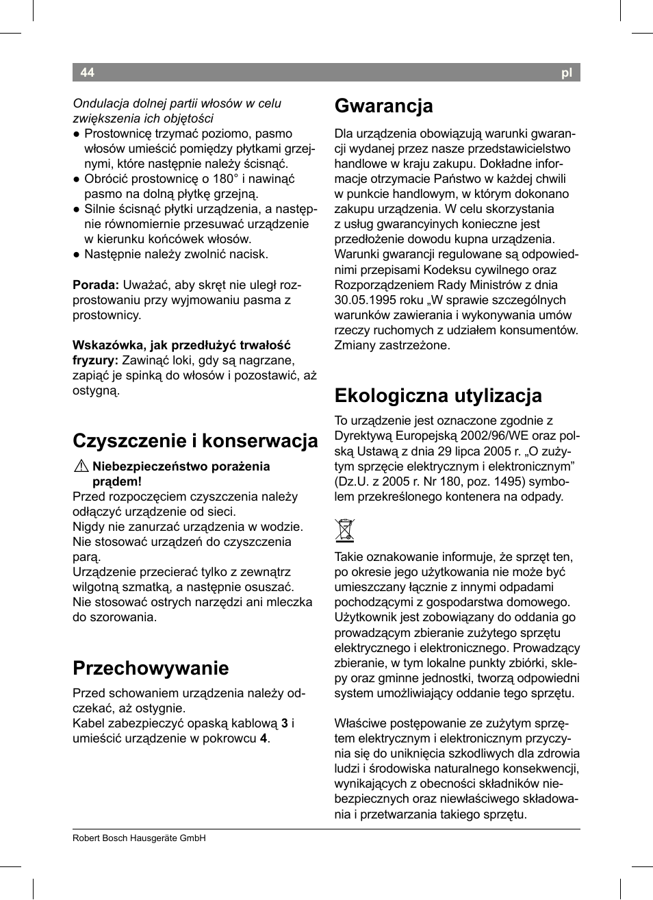 Czyszczenie i konserwacja, Przechowywanie, Gwarancja | Ekologiczna utylizacja | Bosch PHS3651 Haarglätter BrilliantCare Business User Manual | Page 48 / 64