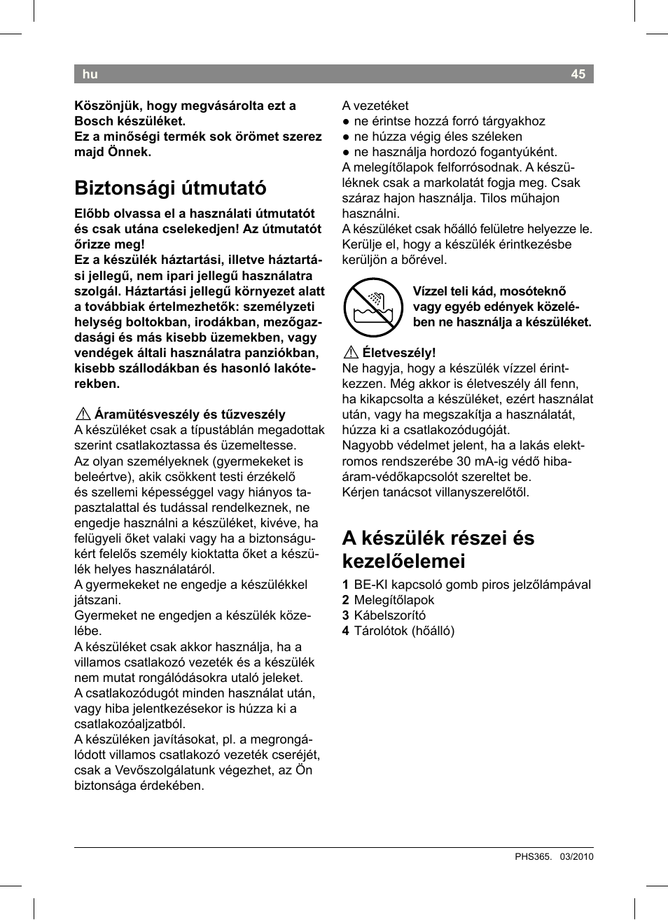 A készülék részei és kezelőelemei, Biztonsági útmutató | Bosch PHS3651 Haarglätter BrilliantCare Business User Manual | Page 49 / 64