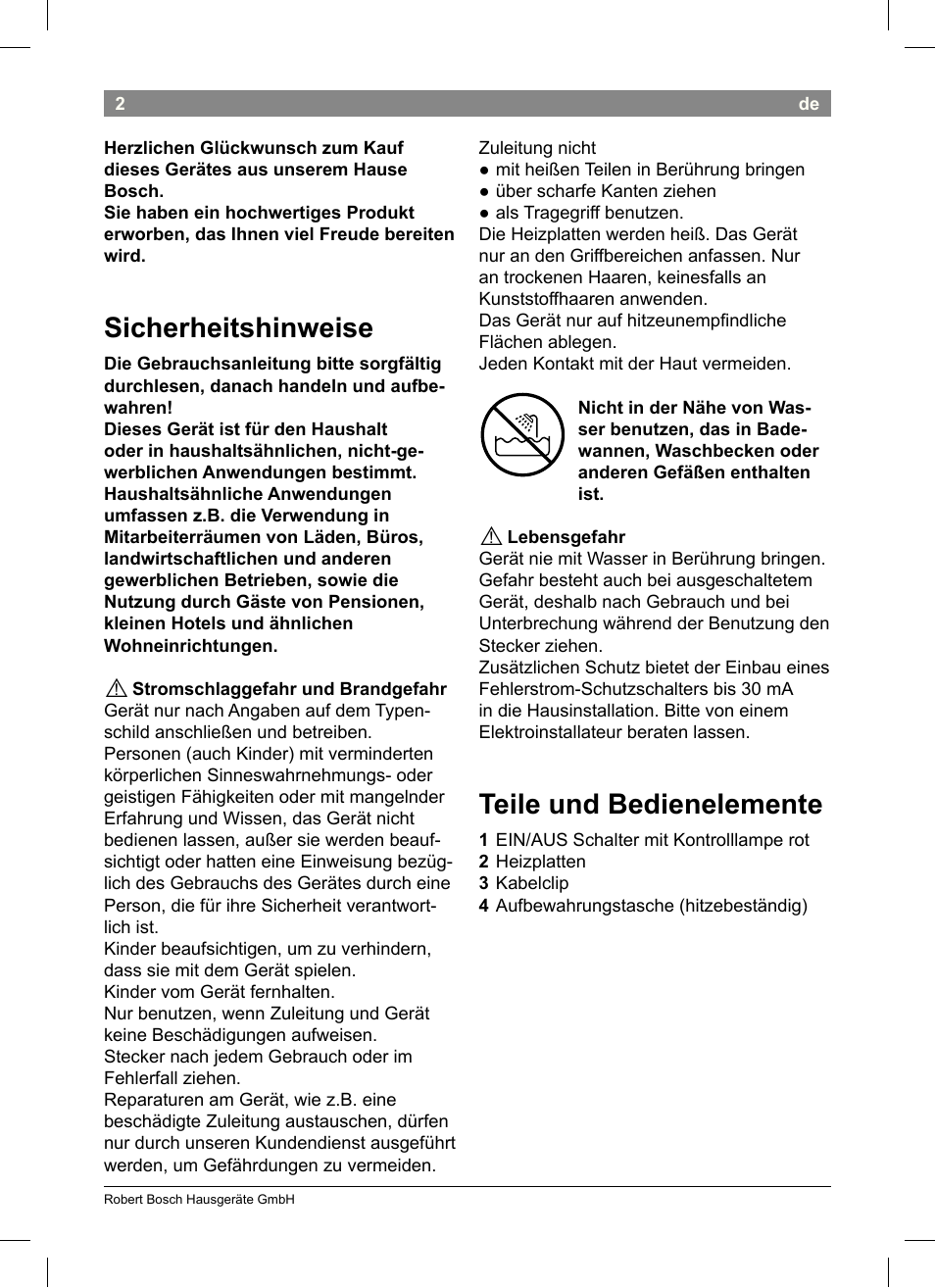 Sicherheitshinweise, Teile und bedienelemente | Bosch PHS3651 Haarglätter BrilliantCare Business User Manual | Page 6 / 64