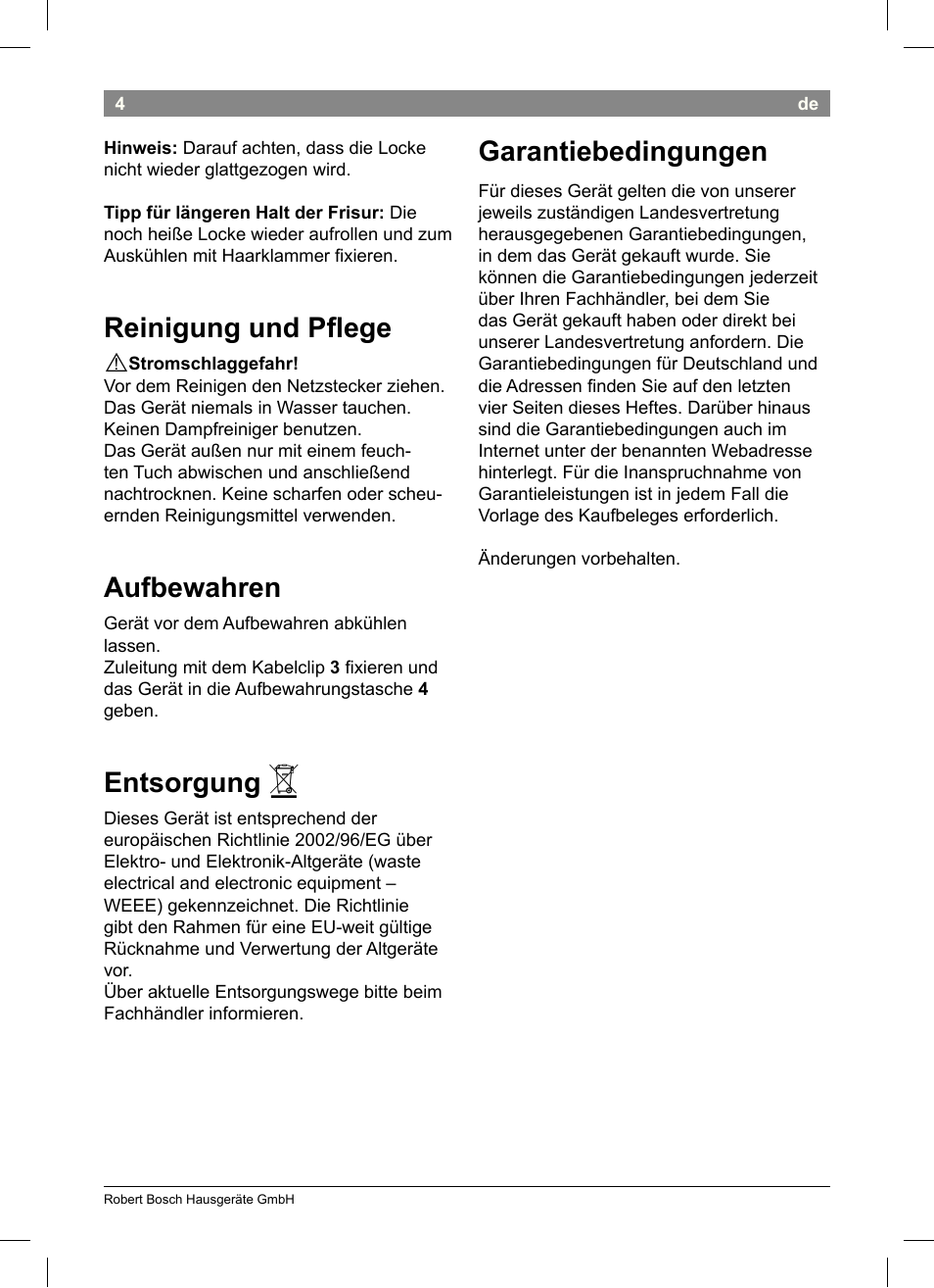 Reinigung und plege, Aufbewahren, Entsorgung | Garantiebedingungen | Bosch PHS3651 Haarglätter BrilliantCare Business User Manual | Page 8 / 64