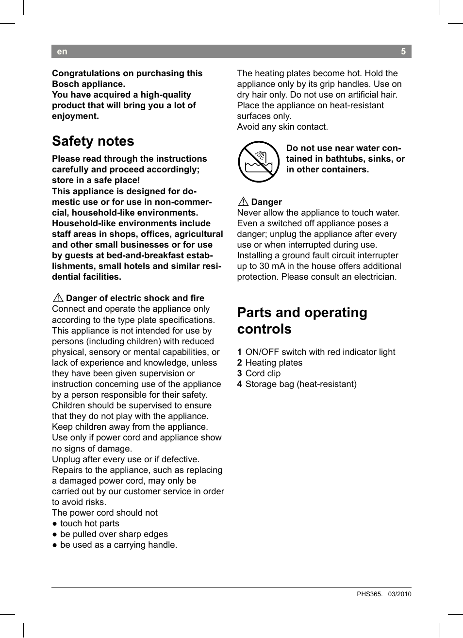 Parts and operating controls | Bosch PHS3651 Haarglätter BrilliantCare Business User Manual | Page 9 / 64