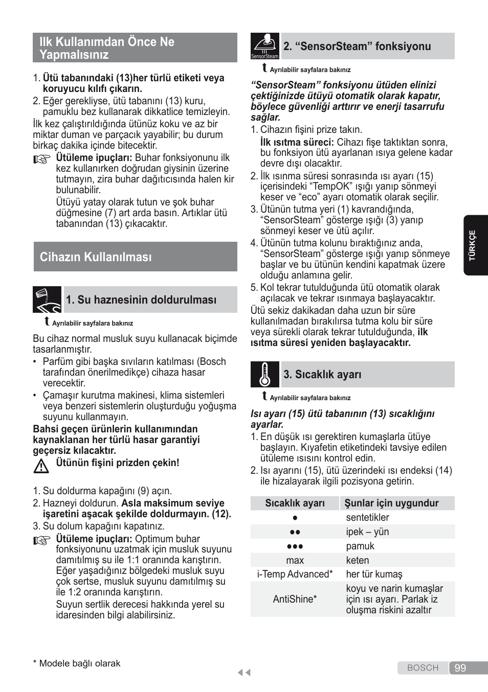Ilk kullanımdan önce ne yapmalısınız, Cihazın kullanılması, Su haznesinin doldurulması | “sensorsteam” fonksiyonu, Sıcaklık ayarı | Bosch Kompakt-Dampfgenerator Sensixx´x DI90 AntiShine TDI903231A anthrazit metallic rosso rot User Manual | Page 101 / 160
