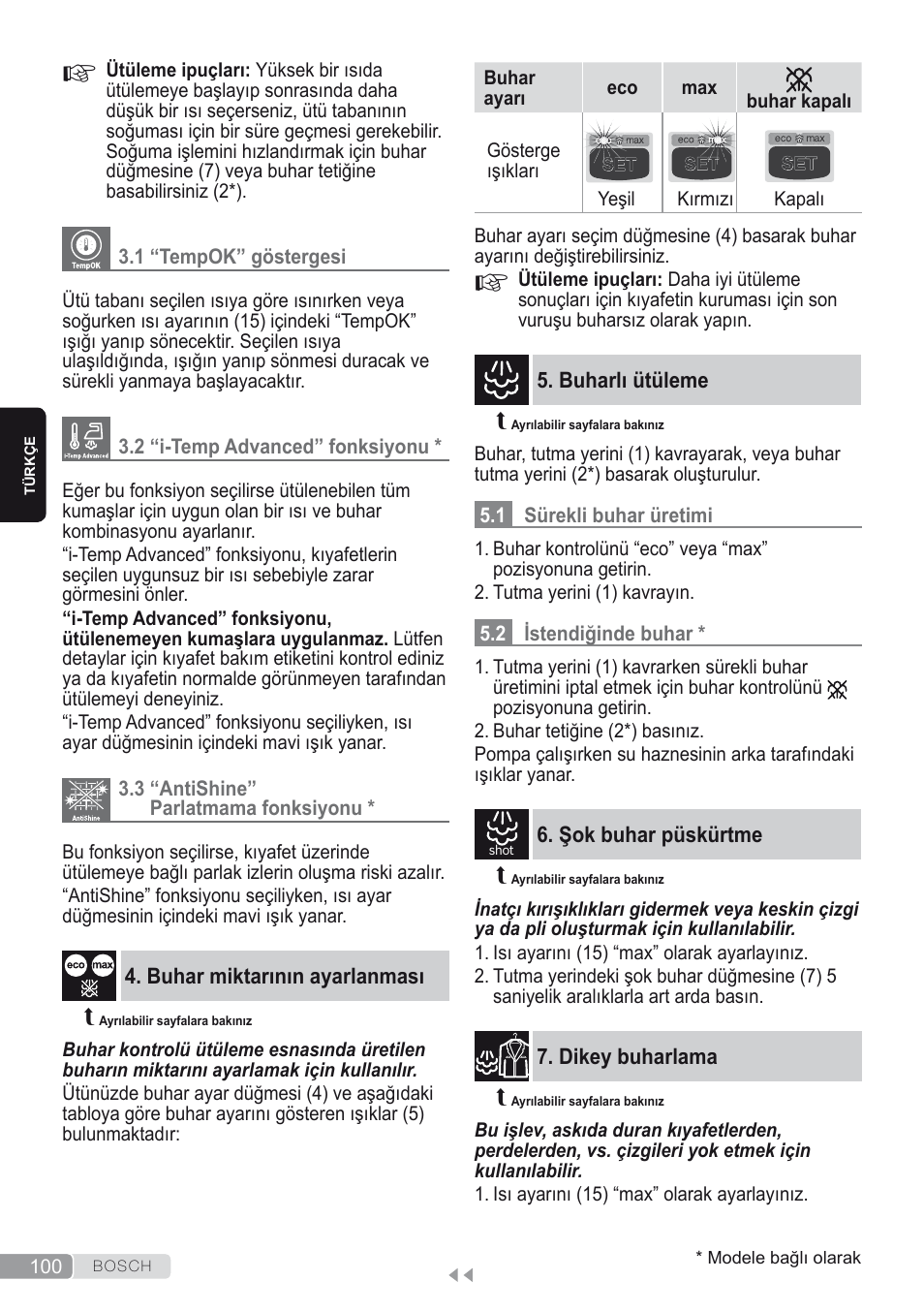 1 “tempok” göstergesi, 2 “i-temp advanced” fonksiyonu, 3 “antishine” parlatmama fonksiyonu | Buhar miktarının ayarlanması, Buharlı ütüleme, 1 sürekli buhar üretimi, 2 istendiğinde buhar, Şok buhar püskürtme, Dikey buharlama | Bosch Kompakt-Dampfgenerator Sensixx´x DI90 AntiShine TDI903231A anthrazit metallic rosso rot User Manual | Page 102 / 160