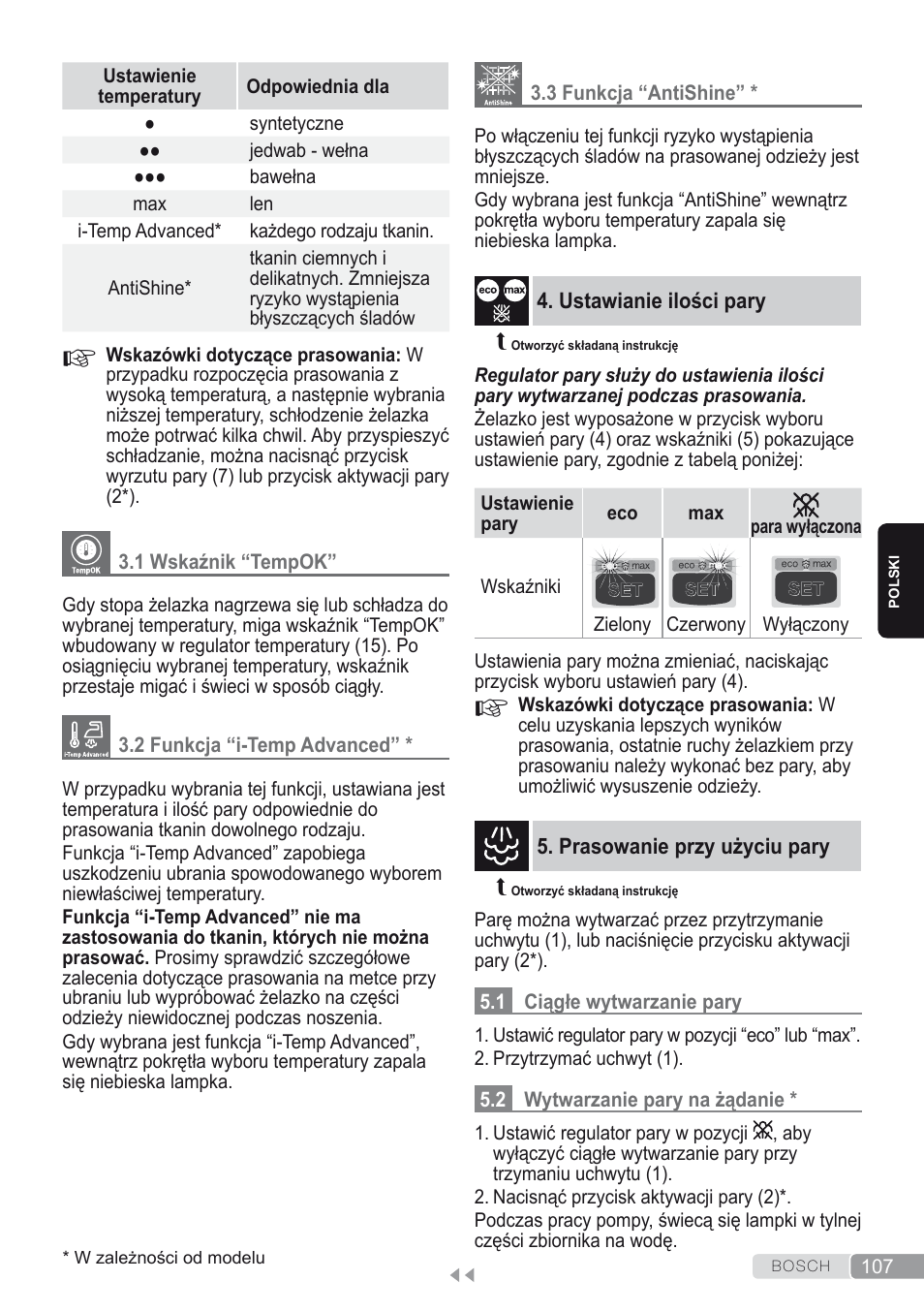 1 wskaźnik “tempok, 2 funkcja “i-temp advanced, 3 funkcja “antishine | Ustawianie ilości pary, Prasowanie przy użyciu pary, 1 ciągłe wytwarzanie pary, 2 wytwarzanie pary na żądanie | Bosch Kompakt-Dampfgenerator Sensixx´x DI90 AntiShine TDI903231A anthrazit metallic rosso rot User Manual | Page 109 / 160