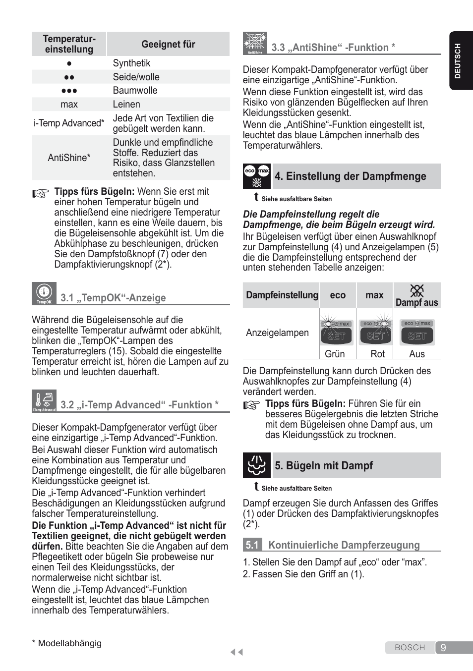 1 „tempok“-anzeige, 2 „i-temp advanced“ -funktion, 3 „antishine“ -funktion | Einstellung der dampfmenge, Bügeln mit dampf, 1 kontinuierliche dampferzeugung | Bosch Kompakt-Dampfgenerator Sensixx´x DI90 AntiShine TDI903231A anthrazit metallic rosso rot User Manual | Page 11 / 160