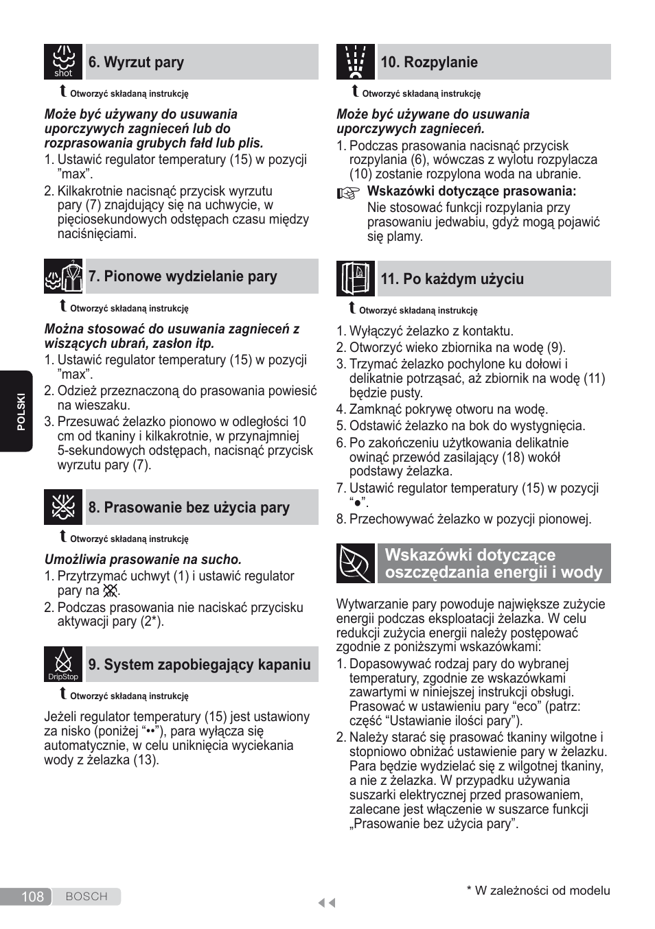 Wyrzut pary, Pionowe wydzielanie pary, Prasowanie bez użycia pary | System zapobiegający kapaniu, Rozpylanie, Po każdym użyciu, Wskazówki dotyczące oszczędzania energii i wody | Bosch Kompakt-Dampfgenerator Sensixx´x DI90 AntiShine TDI903231A anthrazit metallic rosso rot User Manual | Page 110 / 160