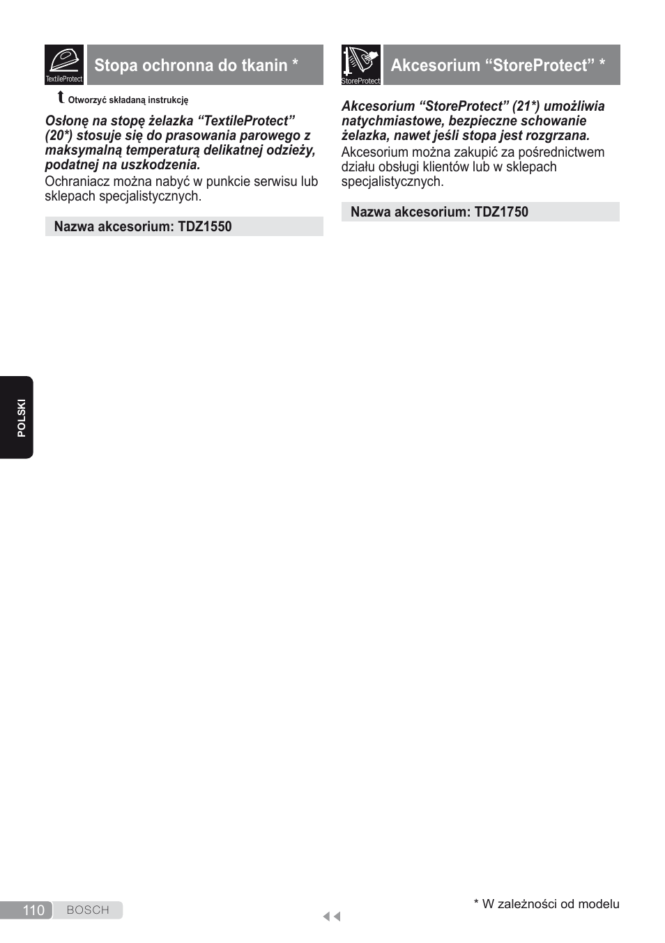 Stopa ochronna do tkanin, Akcesorium “storeprotect, Wykrywanie i usuwanie drobnych problemów | Bosch Kompakt-Dampfgenerator Sensixx´x DI90 AntiShine TDI903231A anthrazit metallic rosso rot User Manual | Page 112 / 160