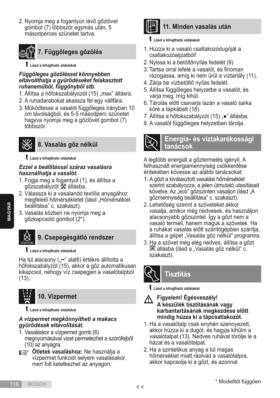 Függőleges gőzölés, Vasalás gőz nélkül, Csepegésgátló rendszer | Vízpermet, Minden vasalás után, Energia- és víztakarékossági tanácsok, Tisztítás | Bosch Kompakt-Dampfgenerator Sensixx´x DI90 AntiShine TDI903231A anthrazit metallic rosso rot User Manual | Page 118 / 160