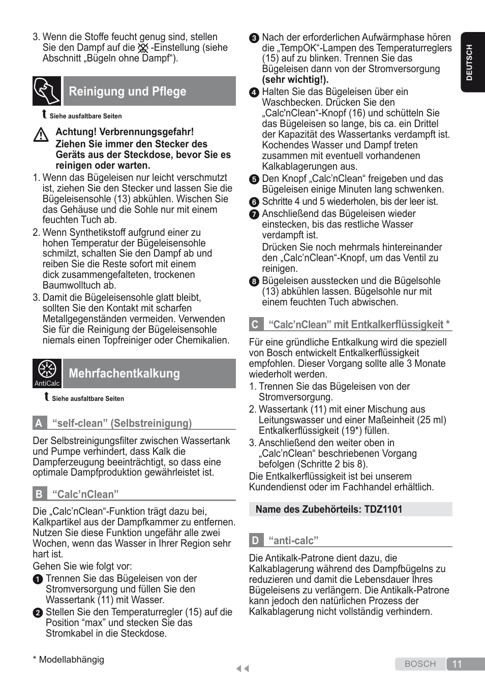 Reinigung und pflege, Mehrfachentkalkung | Bosch Kompakt-Dampfgenerator Sensixx´x DI90 AntiShine TDI903231A anthrazit metallic rosso rot User Manual | Page 13 / 160