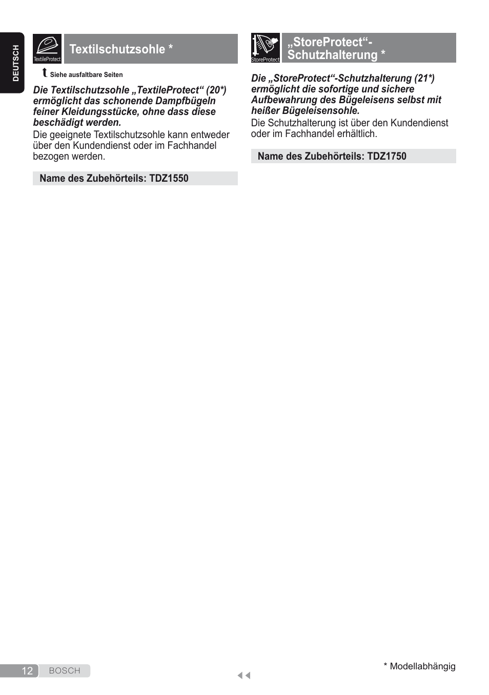 Textilschutzsohle, Storeprotect“-schutzhalterung, Storeprotect“- schutzhalterung | Bosch Kompakt-Dampfgenerator Sensixx´x DI90 AntiShine TDI903231A anthrazit metallic rosso rot User Manual | Page 14 / 160