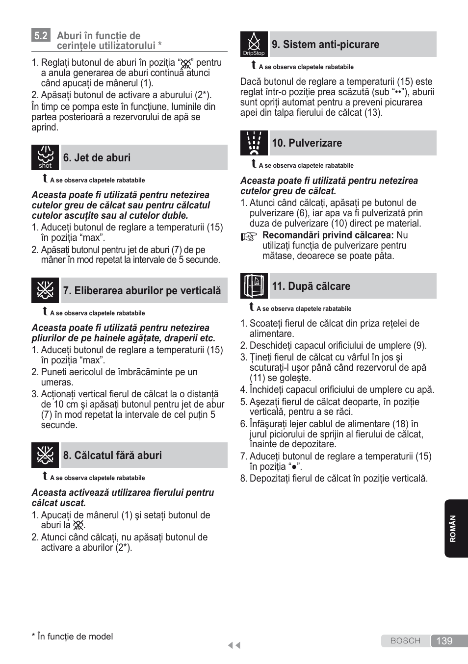 2 aburi în funcţie de cerinţele utilizatorului, Jet de aburi, Eliberarea aburilor pe verticală | Călcatul fără aburi, Sistem anti-picurare, Pulverizare, Dupã cãlcare | Bosch Kompakt-Dampfgenerator Sensixx´x DI90 AntiShine TDI903231A anthrazit metallic rosso rot User Manual | Page 141 / 160