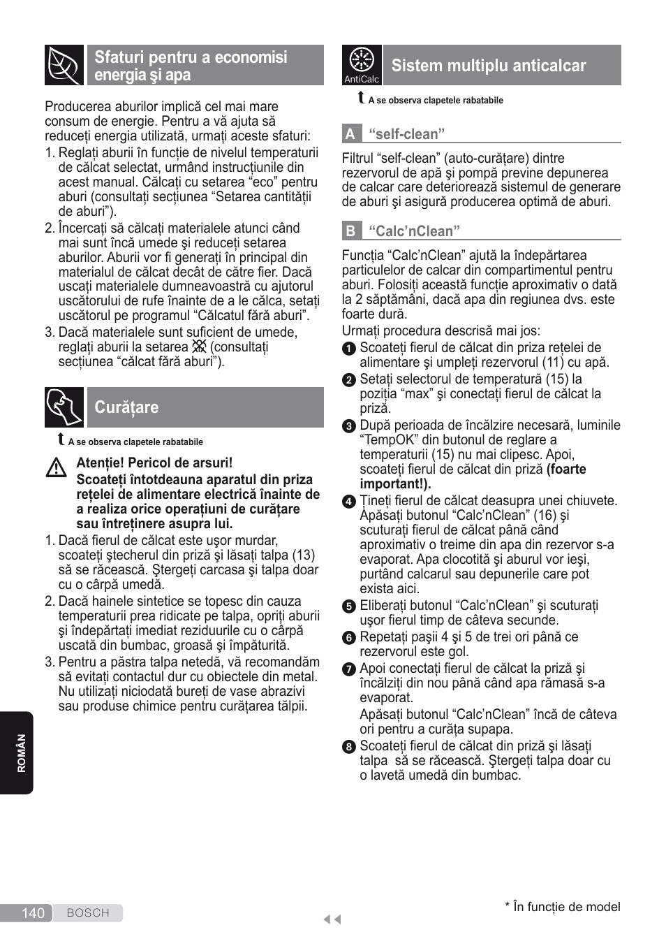 Sfaturi pentru a economisi energia şi apa, Curăţare, Sistem multiplu anticalcar | Bosch Kompakt-Dampfgenerator Sensixx´x DI90 AntiShine TDI903231A anthrazit metallic rosso rot User Manual | Page 142 / 160