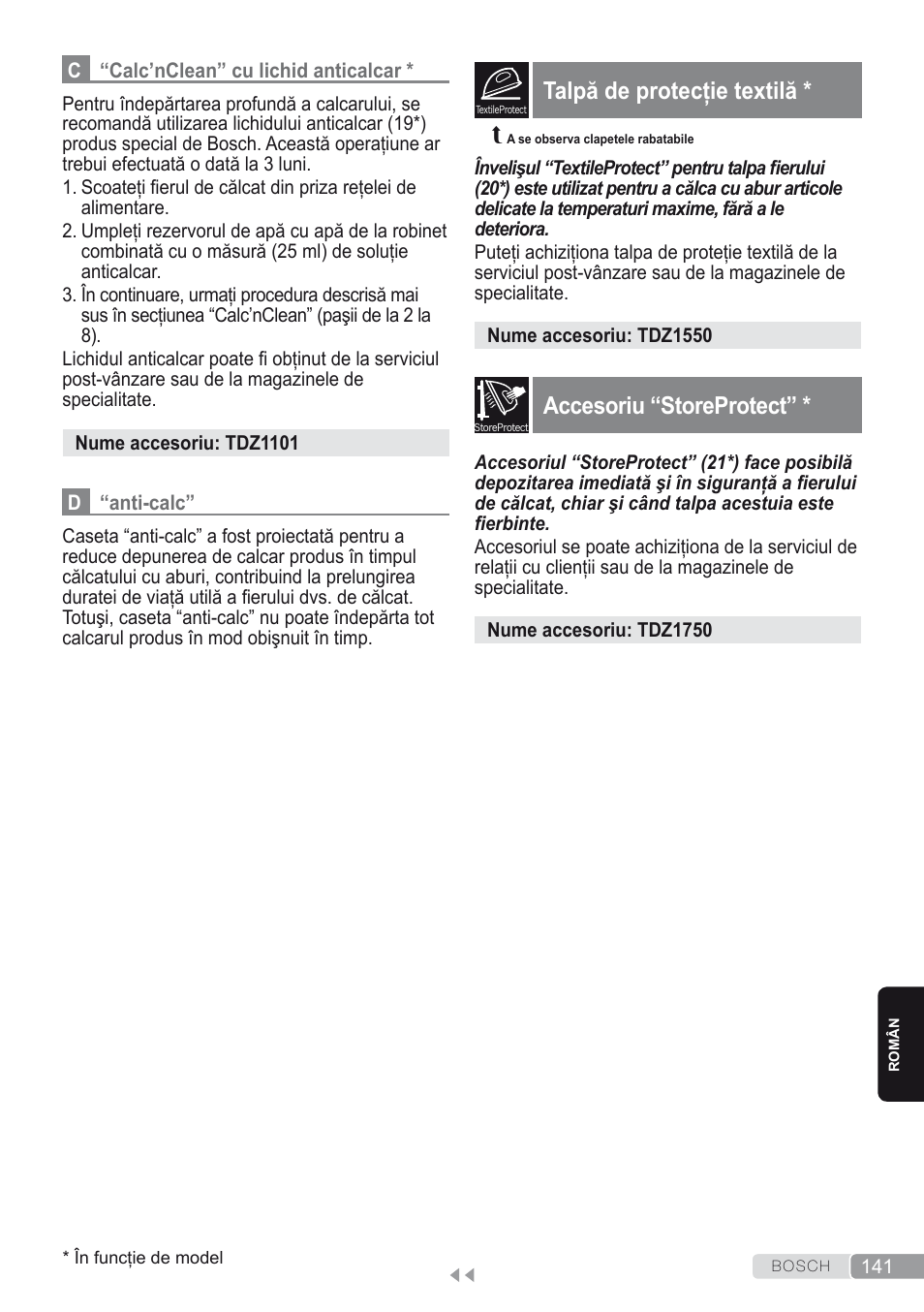 Talpă de protecţie textilă, Accesoriu “storeprotect, Ghid de depanare a defecţiunilor minore | Bosch Kompakt-Dampfgenerator Sensixx´x DI90 AntiShine TDI903231A anthrazit metallic rosso rot User Manual | Page 143 / 160