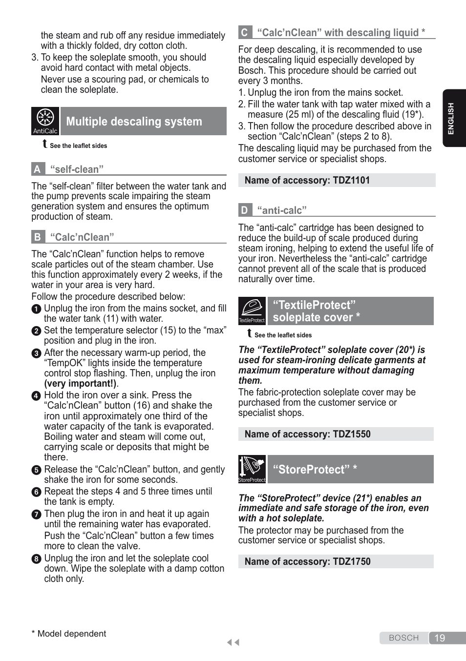 Multiple descaling system, Textileprotect” soleplate cover, Storeprotect | Bosch Kompakt-Dampfgenerator Sensixx´x DI90 AntiShine TDI903231A anthrazit metallic rosso rot User Manual | Page 21 / 160