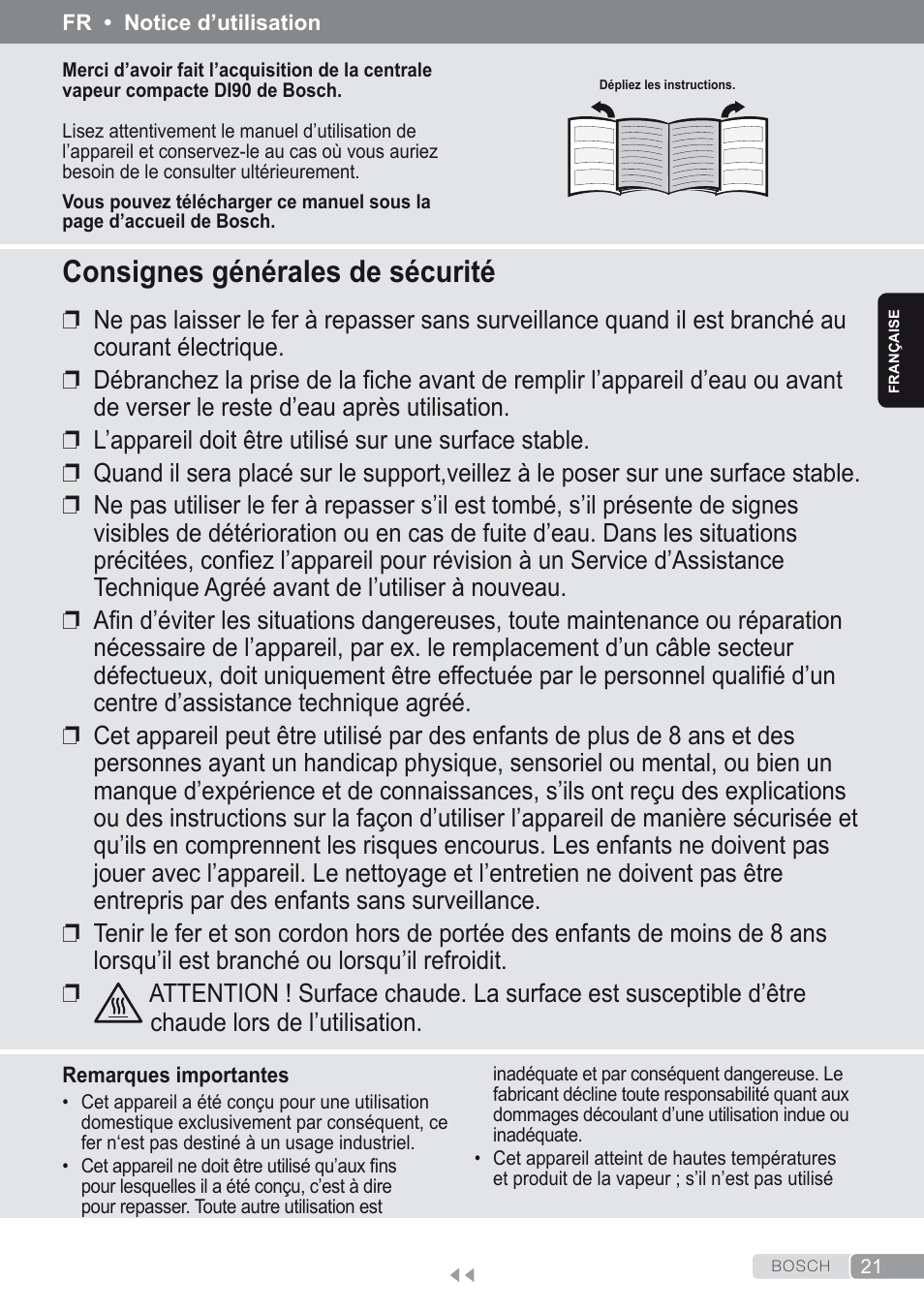 Française, Consignes générales de sécurité | Bosch Kompakt-Dampfgenerator Sensixx´x DI90 AntiShine TDI903231A anthrazit metallic rosso rot User Manual | Page 23 / 160