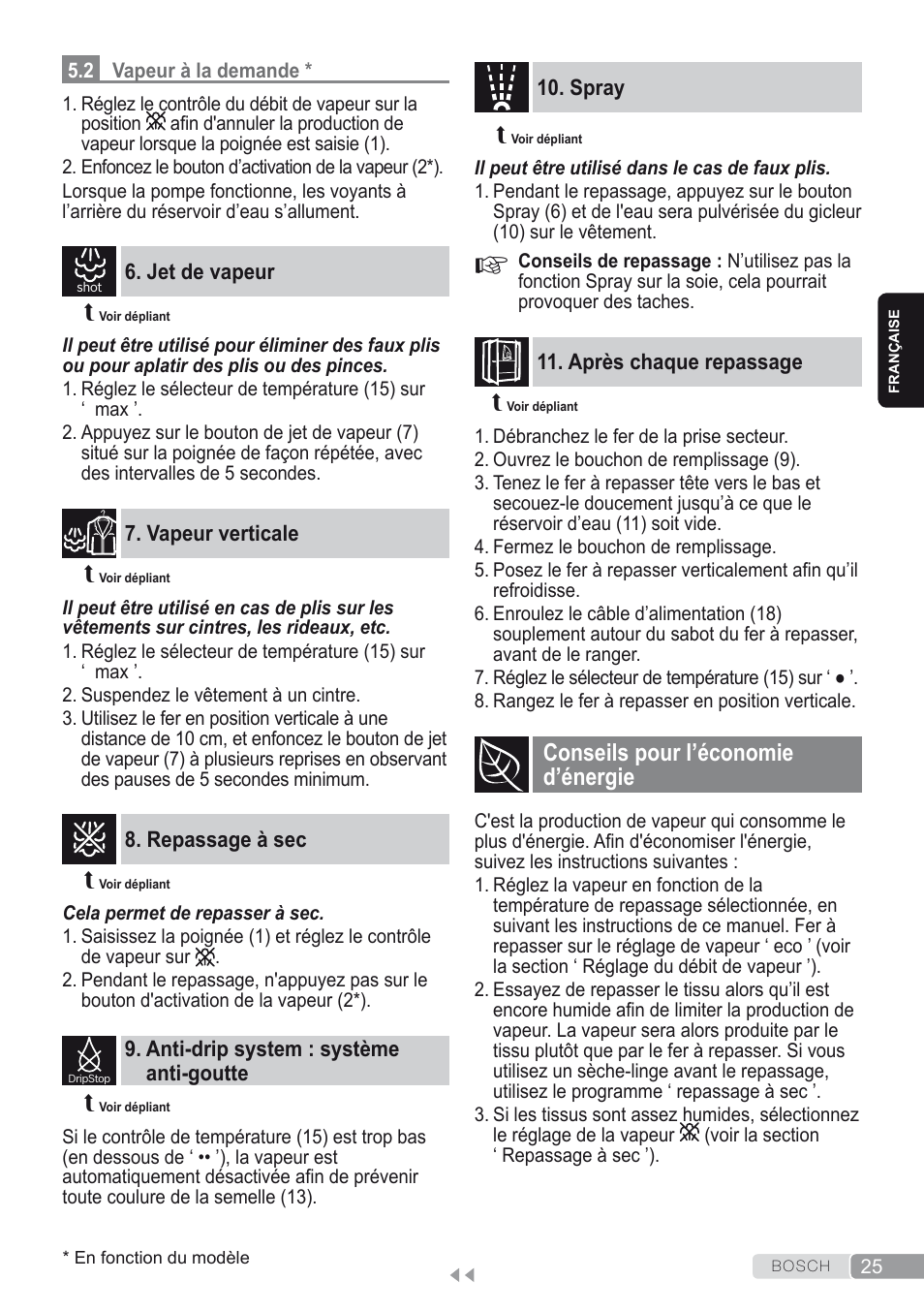 2 vapeur à la demande, Jet de vapeur, Vapeur verticale | Repassage à sec, Anti-drip system : système anti-goutte, Spray, Après chaque repassage, Conseils pour l’économie d’énergie | Bosch Kompakt-Dampfgenerator Sensixx´x DI90 AntiShine TDI903231A anthrazit metallic rosso rot User Manual | Page 27 / 160