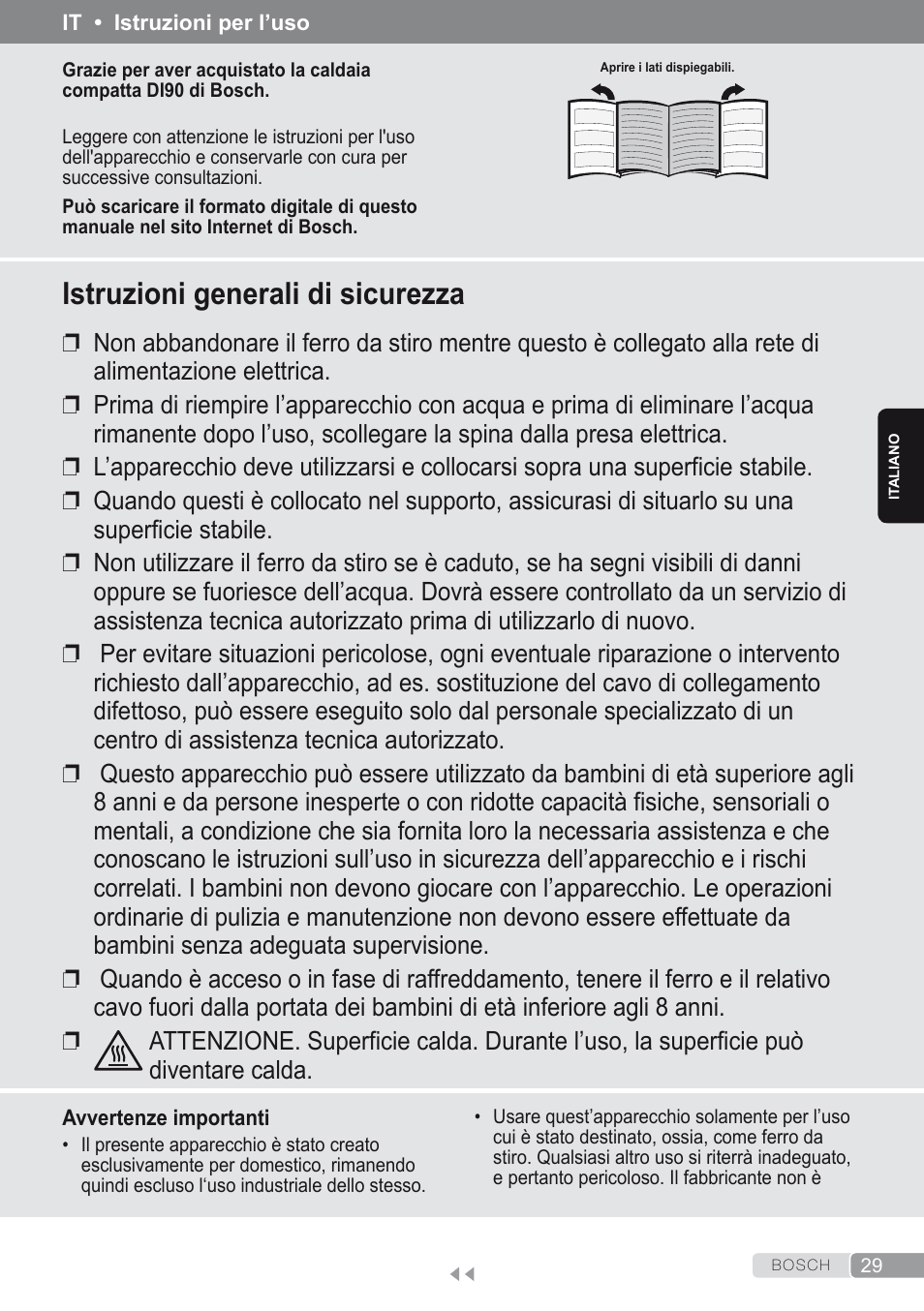 Italiano, Istruzioni generali di sicurezza | Bosch Kompakt-Dampfgenerator Sensixx´x DI90 AntiShine TDI903231A anthrazit metallic rosso rot User Manual | Page 31 / 160