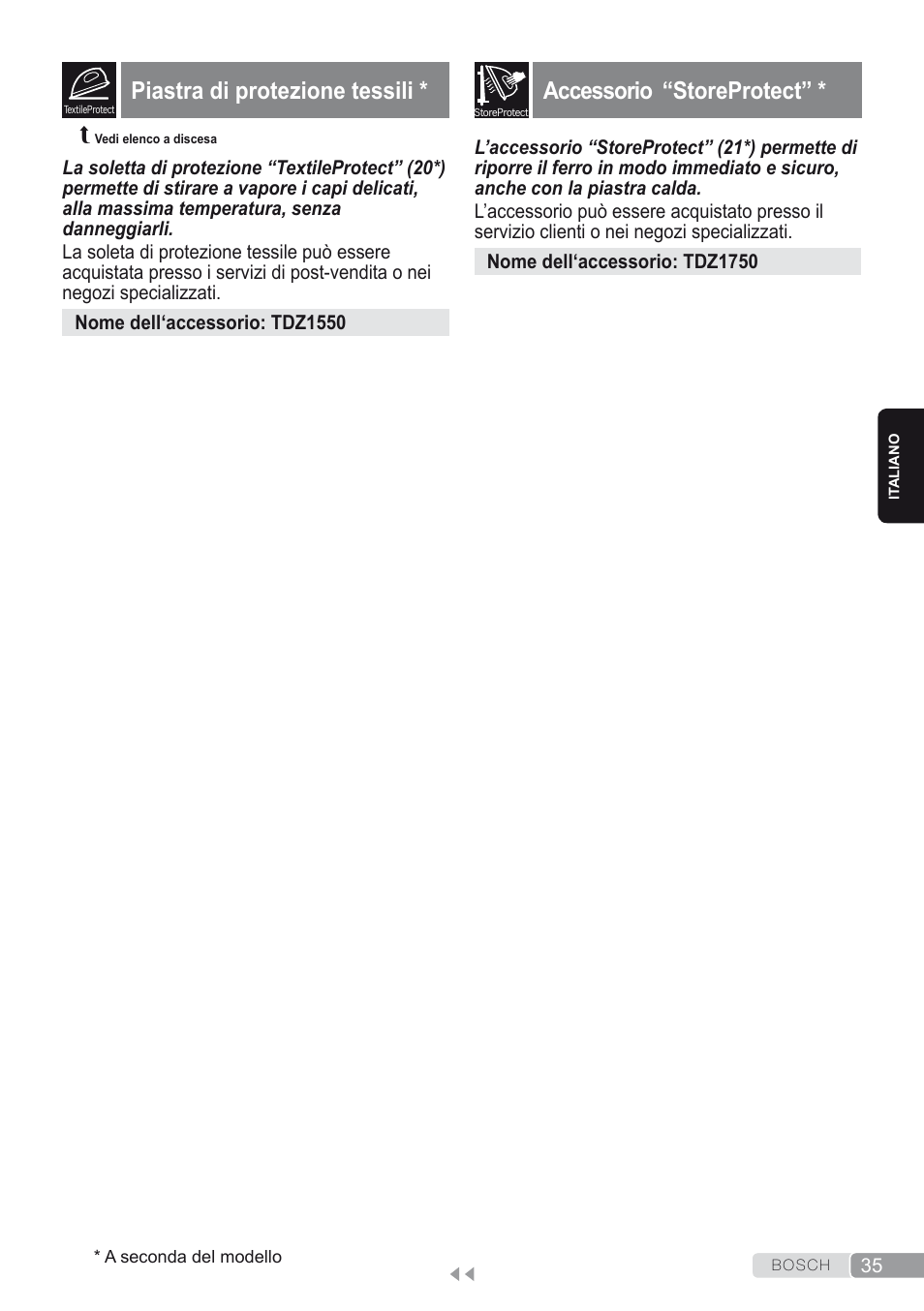 Piastra di protezione tessili, Accessorio “storeprotect, Risoluzione dei problemi | Bosch Kompakt-Dampfgenerator Sensixx´x DI90 AntiShine TDI903231A anthrazit metallic rosso rot User Manual | Page 37 / 160
