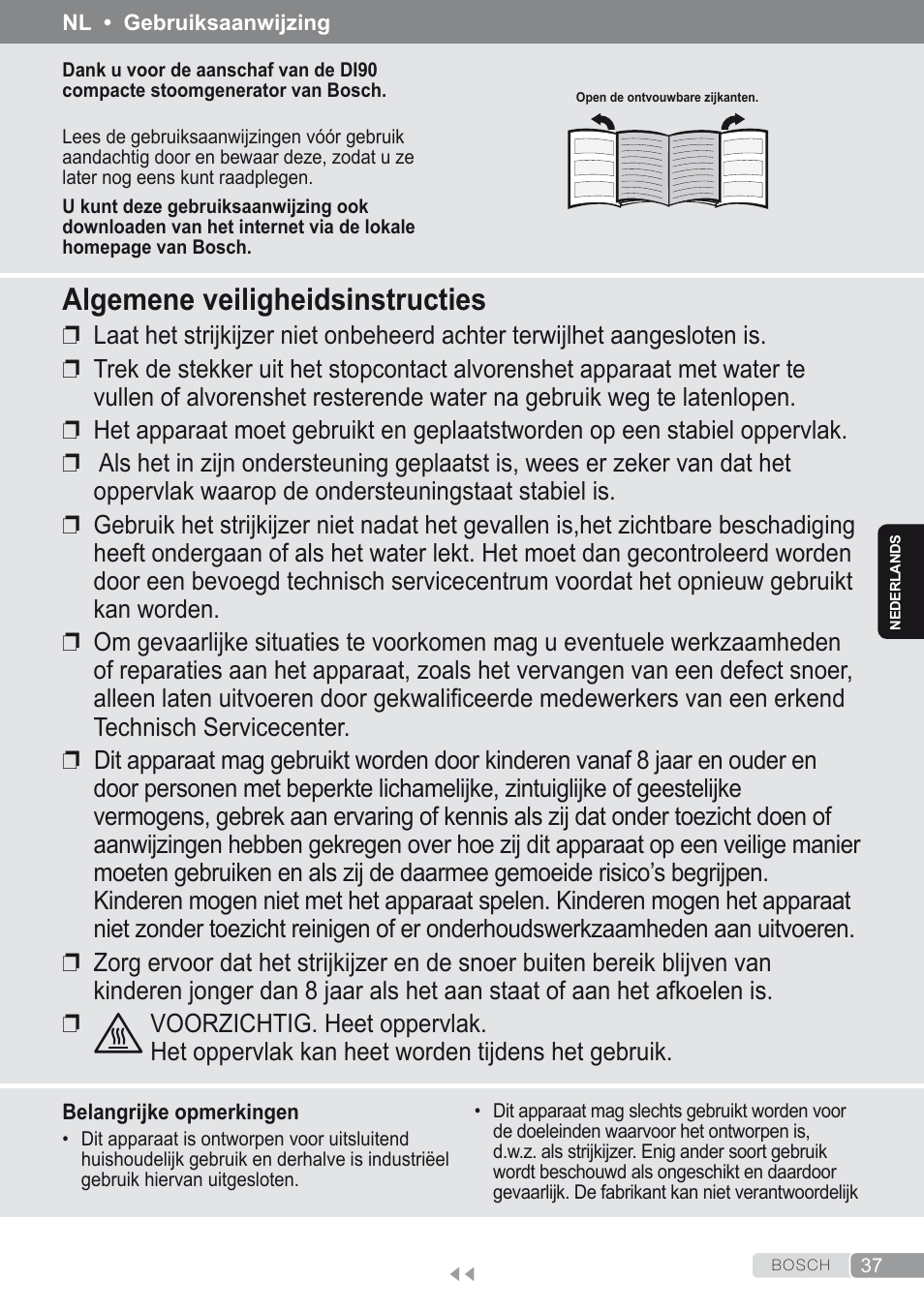 Nederlands, Algemene veiligheidsinstructies | Bosch Kompakt-Dampfgenerator Sensixx´x DI90 AntiShine TDI903231A anthrazit metallic rosso rot User Manual | Page 39 / 160