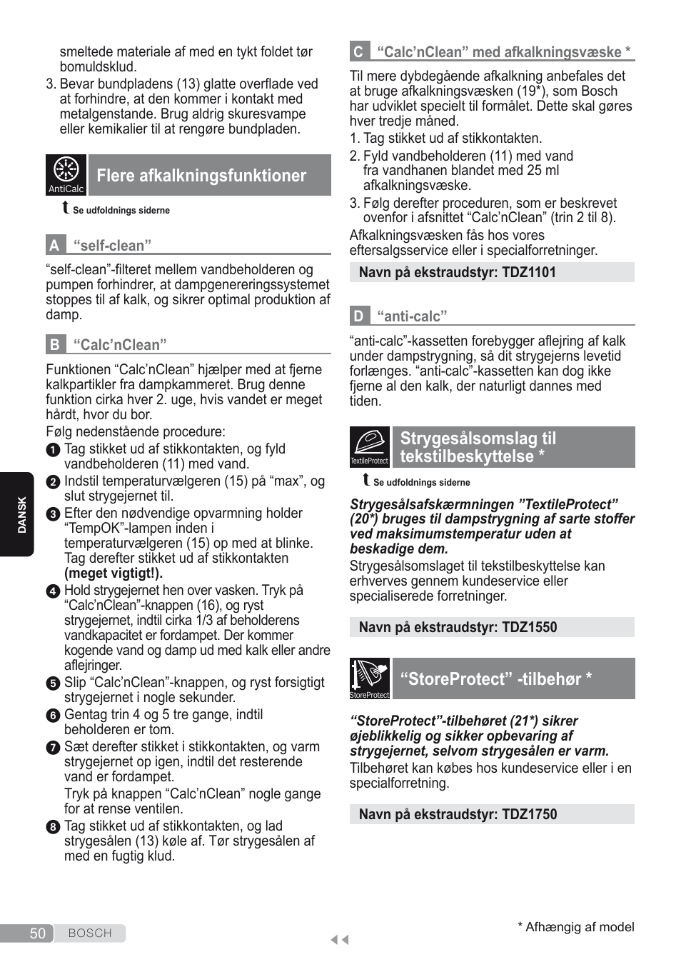 Flere afkalkningsfunktioner, Strygesålsomslag til tekstilbeskyttelse, Storeprotect” -tilbehør | Bosch Kompakt-Dampfgenerator Sensixx´x DI90 AntiShine TDI903231A anthrazit metallic rosso rot User Manual | Page 52 / 160