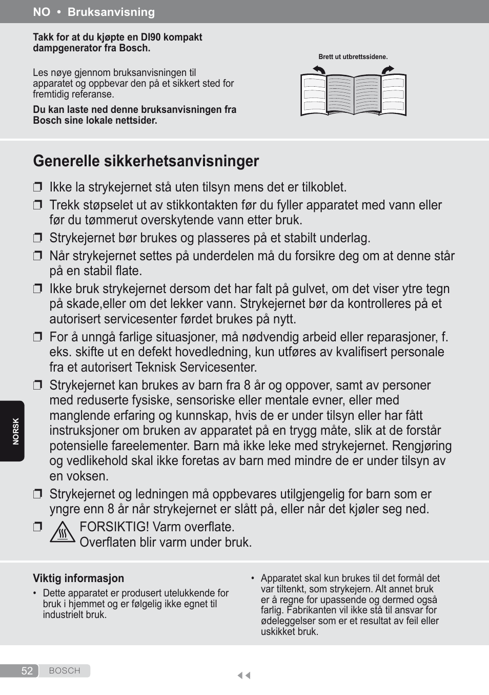 Norsk, Generelle sikkerhetsanvisninger | Bosch Kompakt-Dampfgenerator Sensixx´x DI90 AntiShine TDI903231A anthrazit metallic rosso rot User Manual | Page 54 / 160