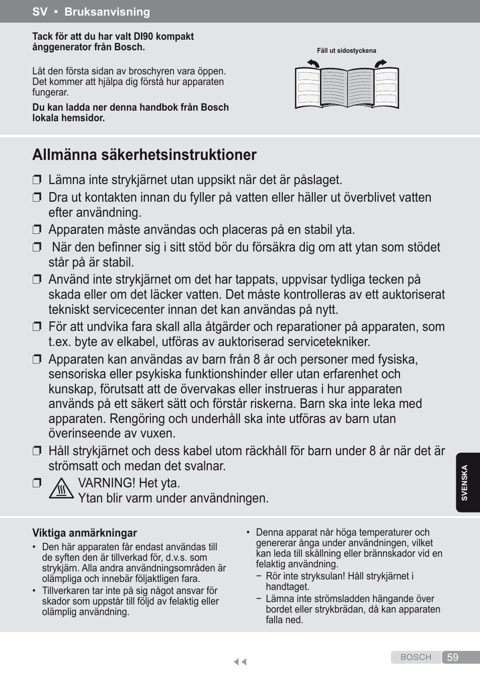 Svenska, Allmänna säkerhetsinstruktioner | Bosch Kompakt-Dampfgenerator Sensixx´x DI90 AntiShine TDI903231A anthrazit metallic rosso rot User Manual | Page 61 / 160