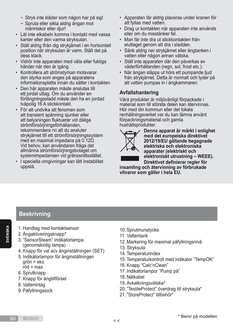 Beskrivning | Bosch Kompakt-Dampfgenerator Sensixx´x DI90 AntiShine TDI903231A anthrazit metallic rosso rot User Manual | Page 62 / 160