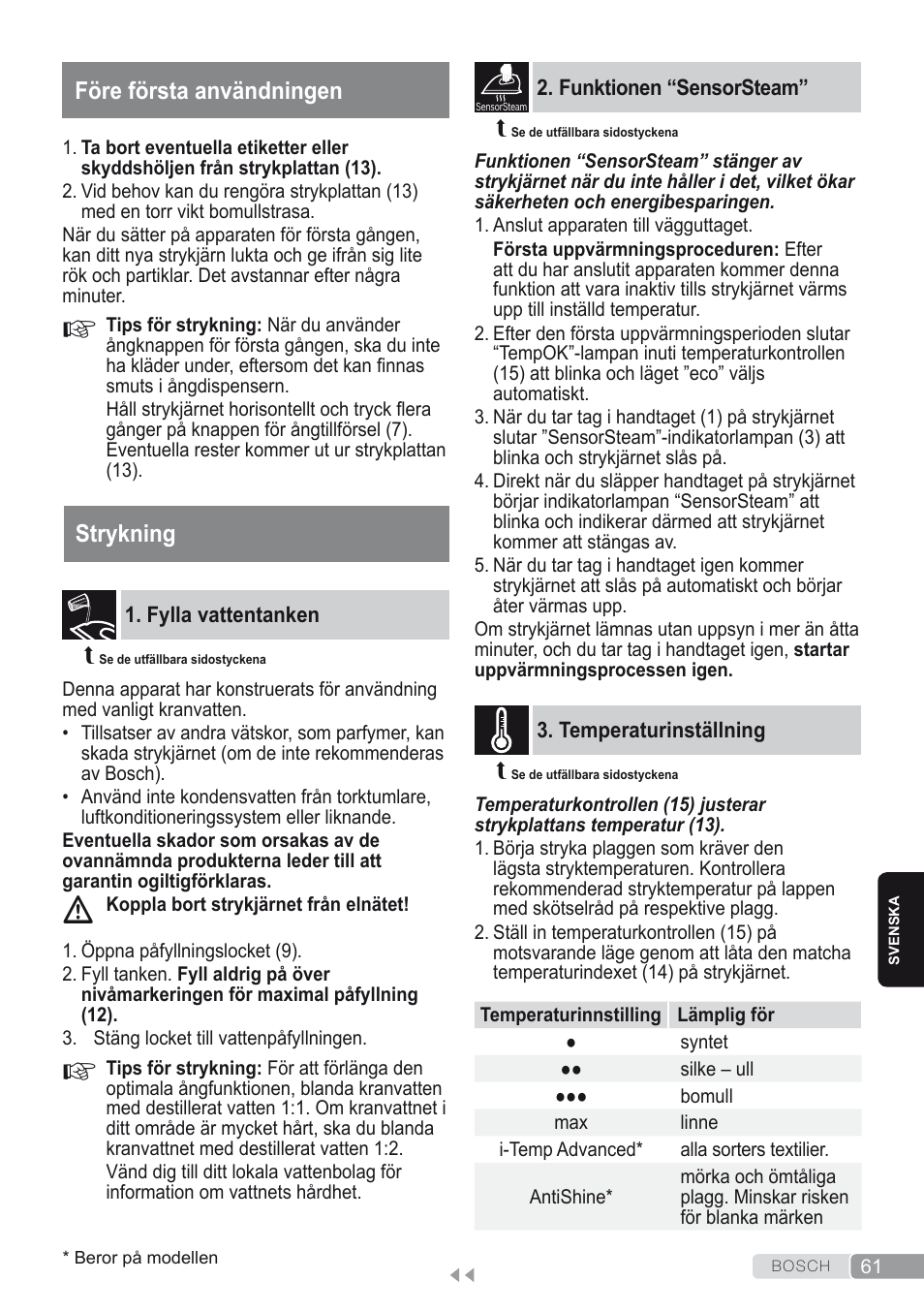 Funktionen “sensorsteam, Före första användningen, Strykning | Fylla vattentanken, Temperaturinställning | Bosch Kompakt-Dampfgenerator Sensixx´x DI90 AntiShine TDI903231A anthrazit metallic rosso rot User Manual | Page 63 / 160