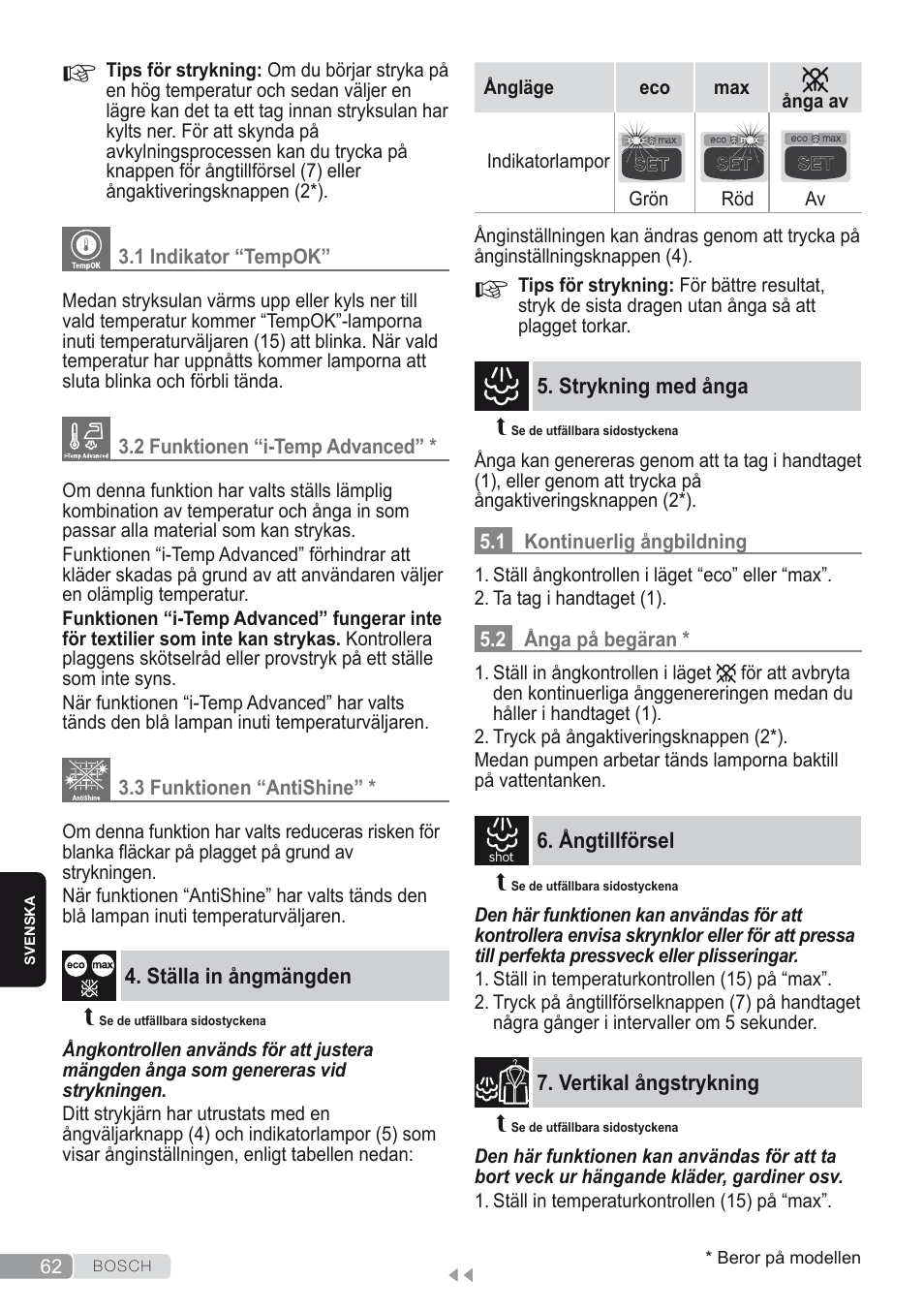 1 indikator “tempok, 2 funktionen “i-temp advanced, 3 funktionen “antishine | Ställa in ångmängden, Strykning med ånga, 1 kontinuerlig ångbildning, 2 ånga på begäran, Ångtillförsel, Vertikal ångstrykning | Bosch Kompakt-Dampfgenerator Sensixx´x DI90 AntiShine TDI903231A anthrazit metallic rosso rot User Manual | Page 64 / 160
