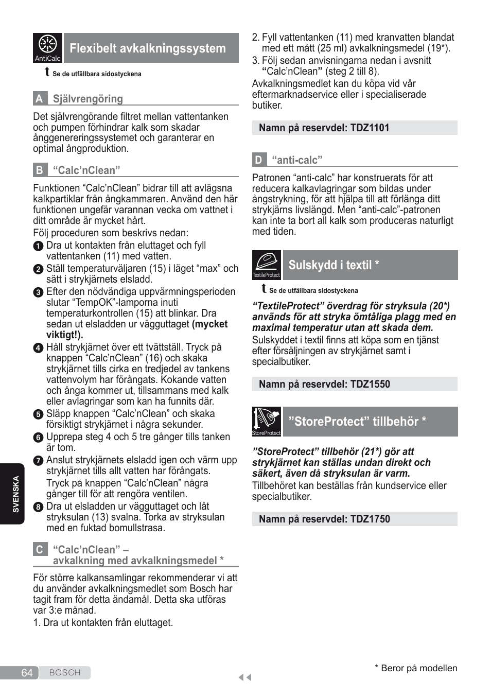 Flexibelt avkalkningssystem, Sulskydd i textil, Storeprotect” tillbehör | Bosch Kompakt-Dampfgenerator Sensixx´x DI90 AntiShine TDI903231A anthrazit metallic rosso rot User Manual | Page 66 / 160