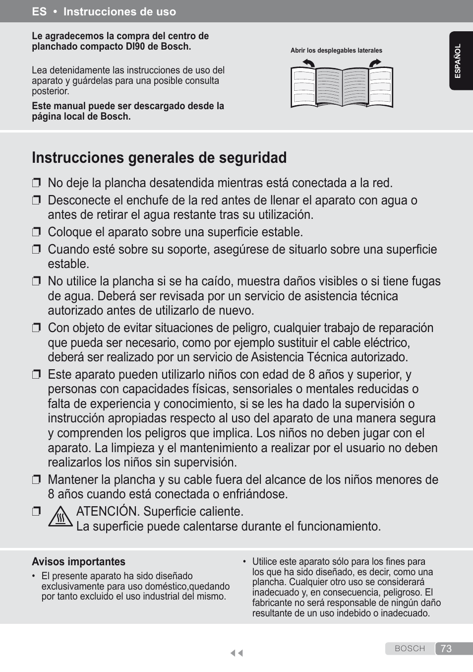 Español, Instrucciones generales de seguridad | Bosch Kompakt-Dampfgenerator Sensixx´x DI90 AntiShine TDI903231A anthrazit metallic rosso rot User Manual | Page 75 / 160