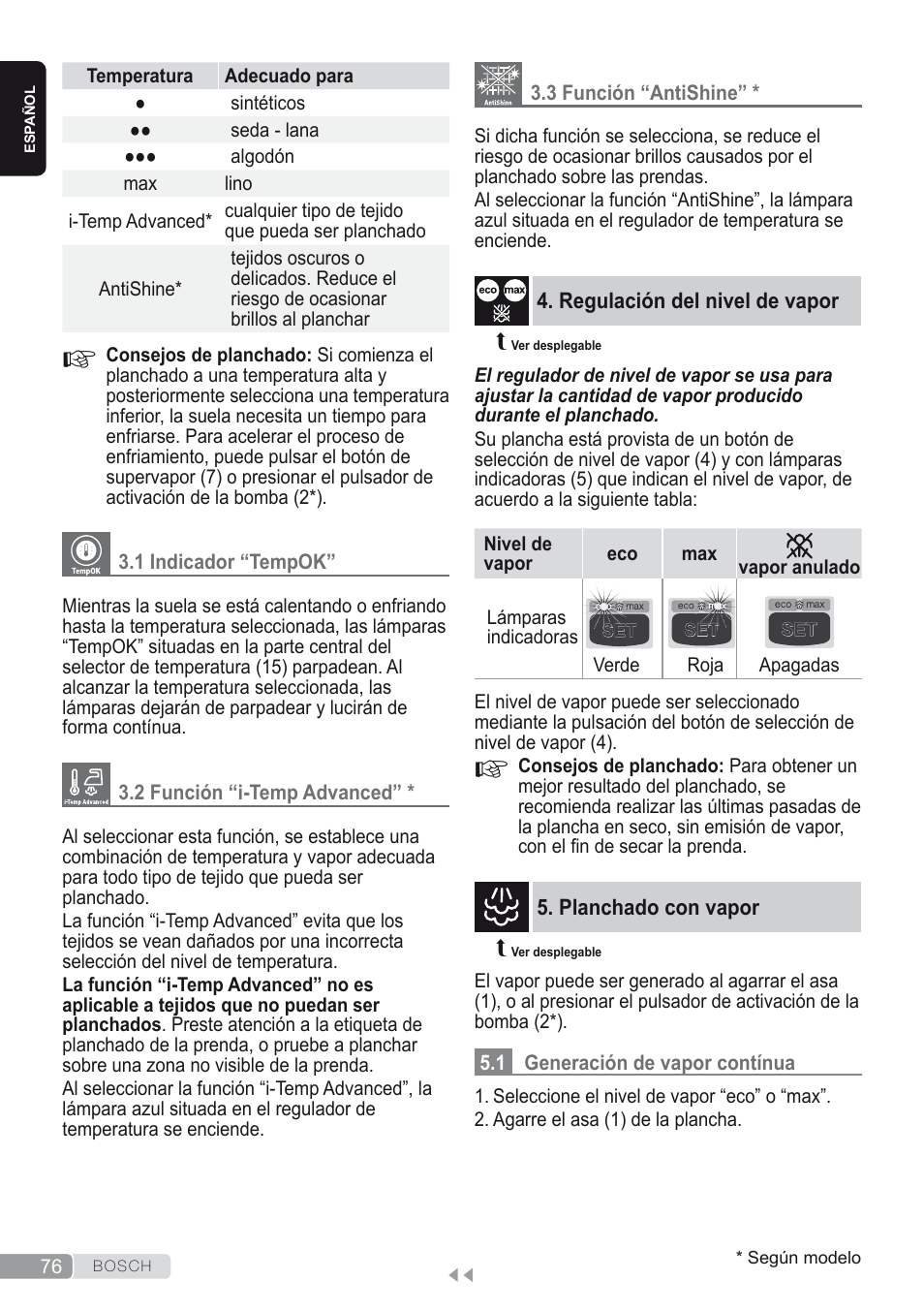 1 indicador “tempok, 2 función “i-temp advanced, 3 función “antishine | Regulación del nivel de vapor, Planchado con vapor, 1 generación de vapor contínua | Bosch Kompakt-Dampfgenerator Sensixx´x DI90 AntiShine TDI903231A anthrazit metallic rosso rot User Manual | Page 78 / 160