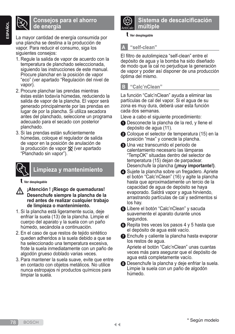 Consejos para el ahorro de energía, Limpieza y mantenimiento, Sistema de descalcificación múltiple | Bosch Kompakt-Dampfgenerator Sensixx´x DI90 AntiShine TDI903231A anthrazit metallic rosso rot User Manual | Page 80 / 160