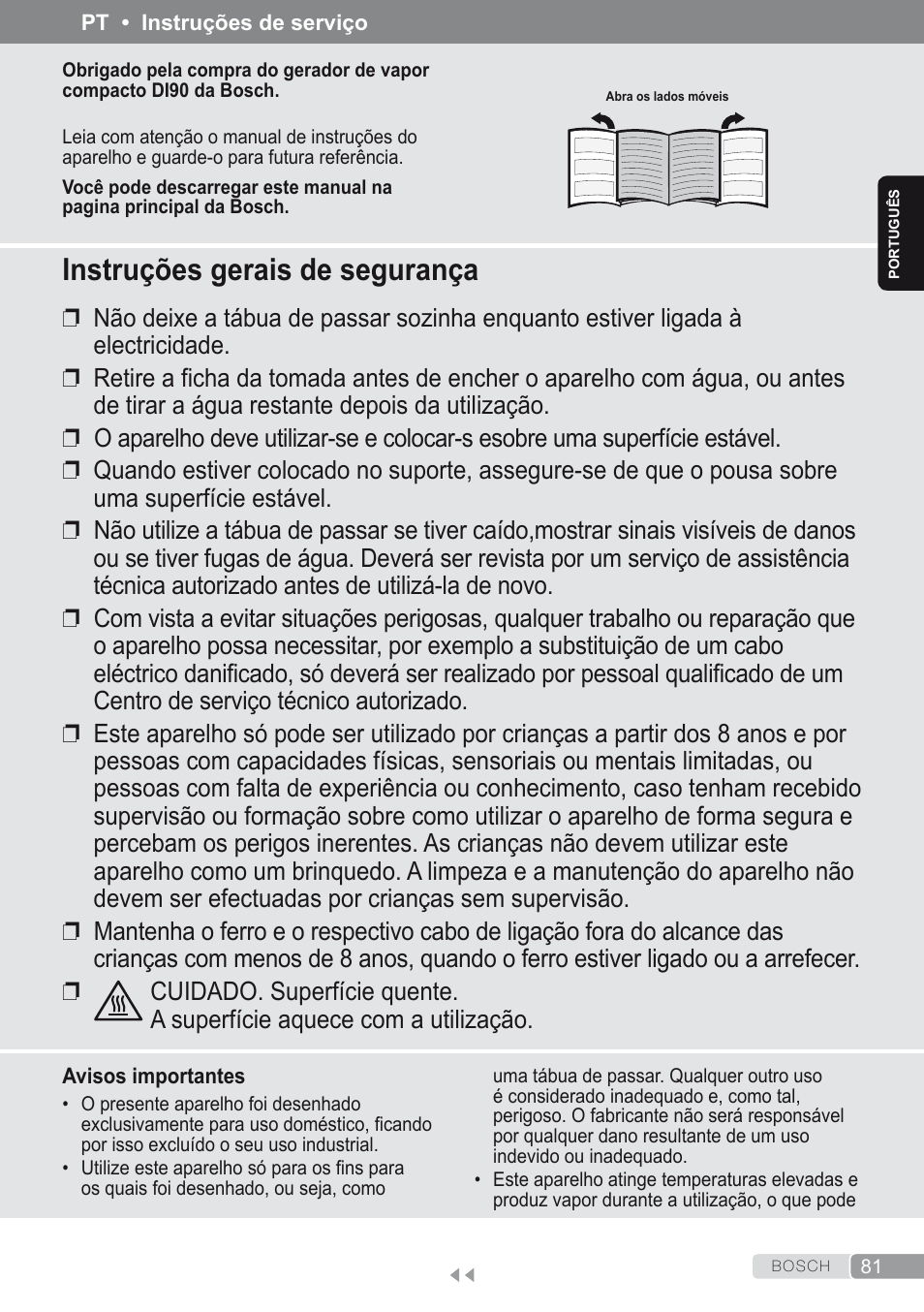 Português, Instruções gerais de segurança | Bosch Kompakt-Dampfgenerator Sensixx´x DI90 AntiShine TDI903231A anthrazit metallic rosso rot User Manual | Page 83 / 160