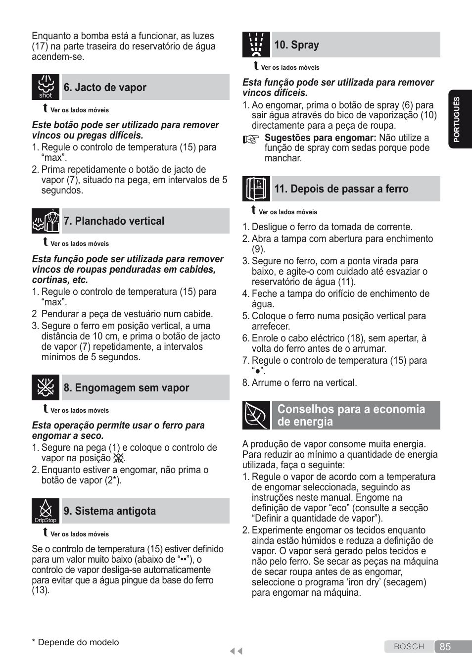 Jacto de vapor, Planchado vertical, Engomagem sem vapor | Sistema antigota, Spray, Depois de passar a ferro, Conselhos para a economia de energia | Bosch Kompakt-Dampfgenerator Sensixx´x DI90 AntiShine TDI903231A anthrazit metallic rosso rot User Manual | Page 87 / 160