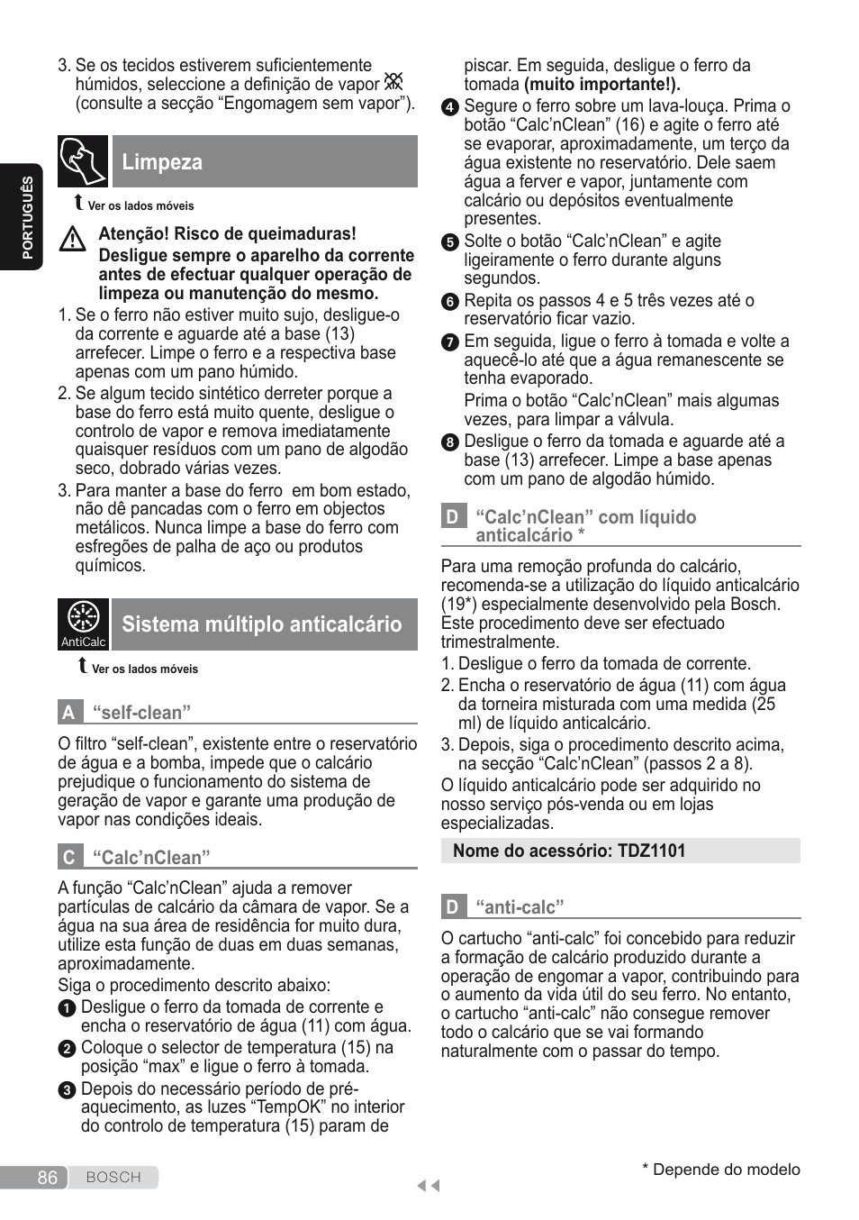 Limpeza, Sistema múltiplo anticalcário | Bosch Kompakt-Dampfgenerator Sensixx´x DI90 AntiShine TDI903231A anthrazit metallic rosso rot User Manual | Page 88 / 160