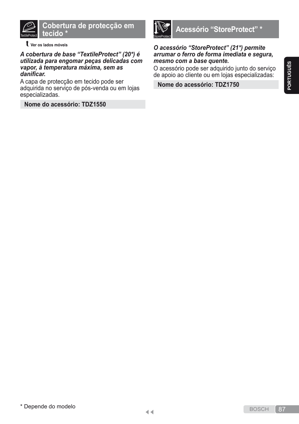 Cobertura de protecção em tecido, Acessório “storeprotect, Resolução de problemas | Bosch Kompakt-Dampfgenerator Sensixx´x DI90 AntiShine TDI903231A anthrazit metallic rosso rot User Manual | Page 89 / 160