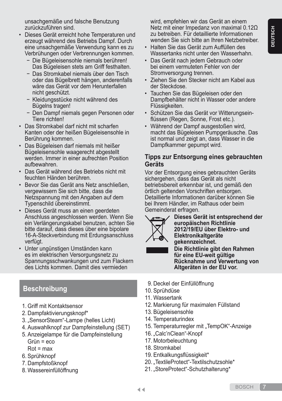 Beschreibung | Bosch Kompakt-Dampfgenerator Sensixx´x DI90 AntiShine TDI903231A anthrazit metallic rosso rot User Manual | Page 9 / 160