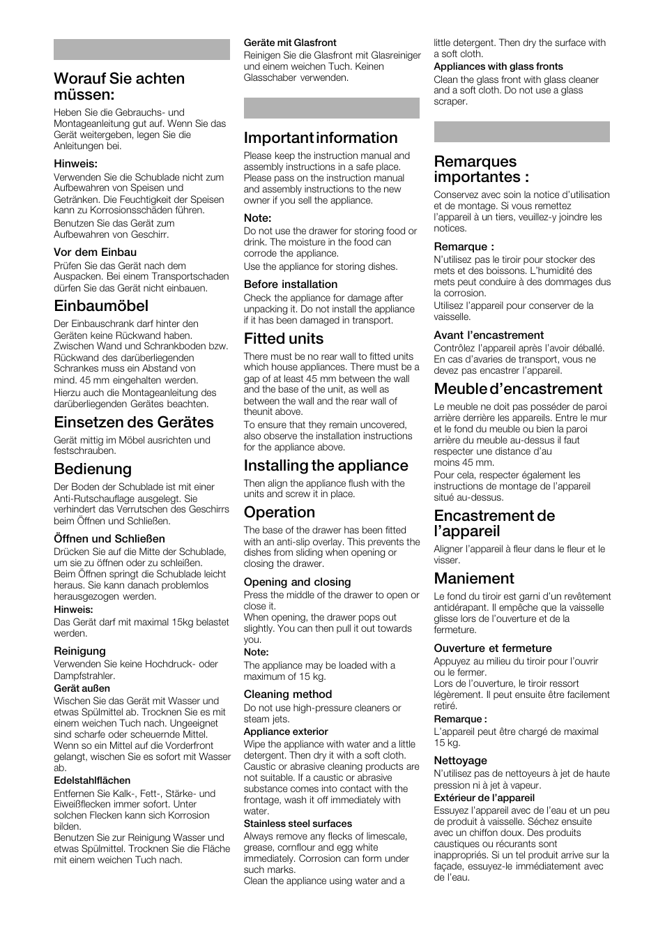 Worauf sie achten müssen, Einbaumöbel, Einsetzen des gerätes | Bedienung, Important information, Fitted units, Installing the appliance, Operation, Remarques importantes, Meuble d'encastrement | Bosch HSC140A51 Zubehörschublade Edelstahl 141 mm hoch User Manual | Page 3 / 8