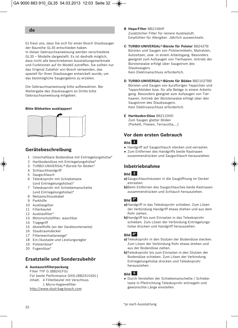 Gerätebeschreibung, Ersatzteile und sonderzubehör, Vor dem ersten gebrauch | Inbetriebnahme | Bosch MoveOn Bodenstaubsauger mit Staubbeutel BGL35MOVE2 flaming red User Manual | Page 33 / 110