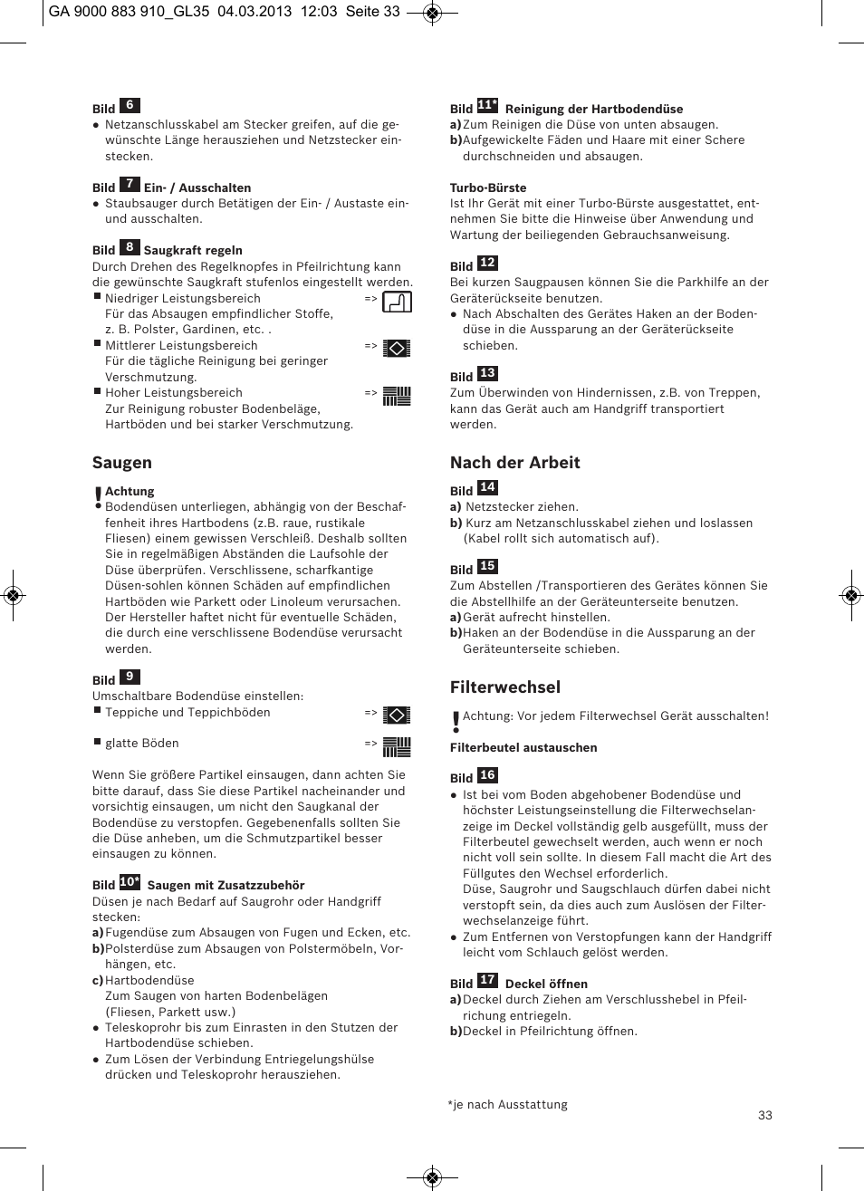 Saugen, Nach der arbeit, Filterwechsel | Bosch MoveOn Bodenstaubsauger mit Staubbeutel BGL35MOVE2 flaming red User Manual | Page 34 / 110