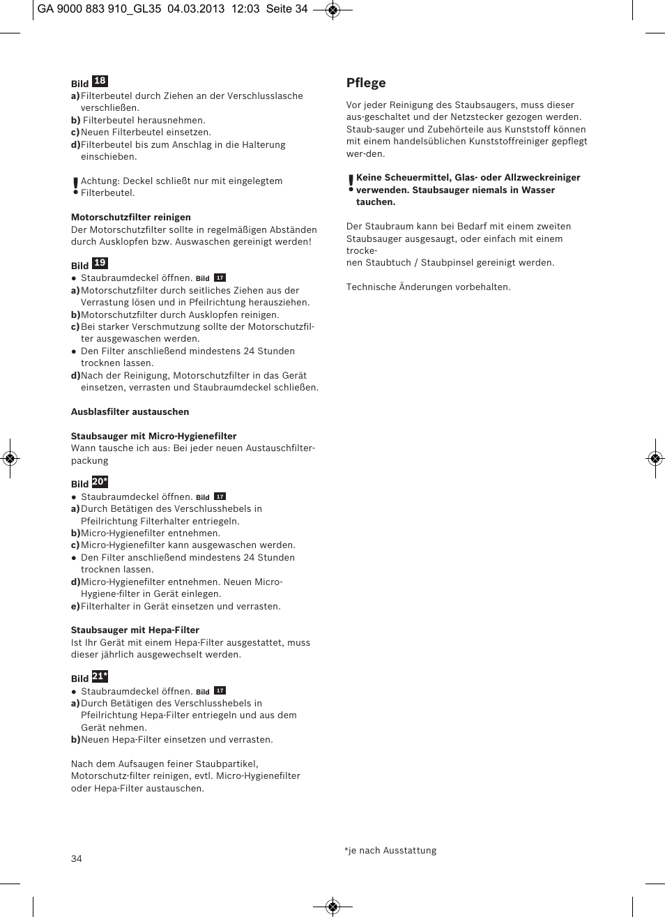 Pﬂege | Bosch MoveOn Bodenstaubsauger mit Staubbeutel BGL35MOVE2 flaming red User Manual | Page 35 / 110