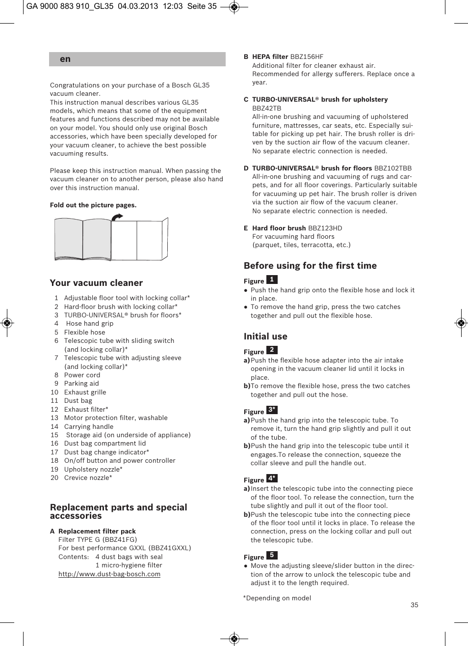 Before using for the ﬁrst time, Initial use, Your vacuum cleaner | Replacement parts and special accessories | Bosch MoveOn Bodenstaubsauger mit Staubbeutel BGL35MOVE2 flaming red User Manual | Page 36 / 110