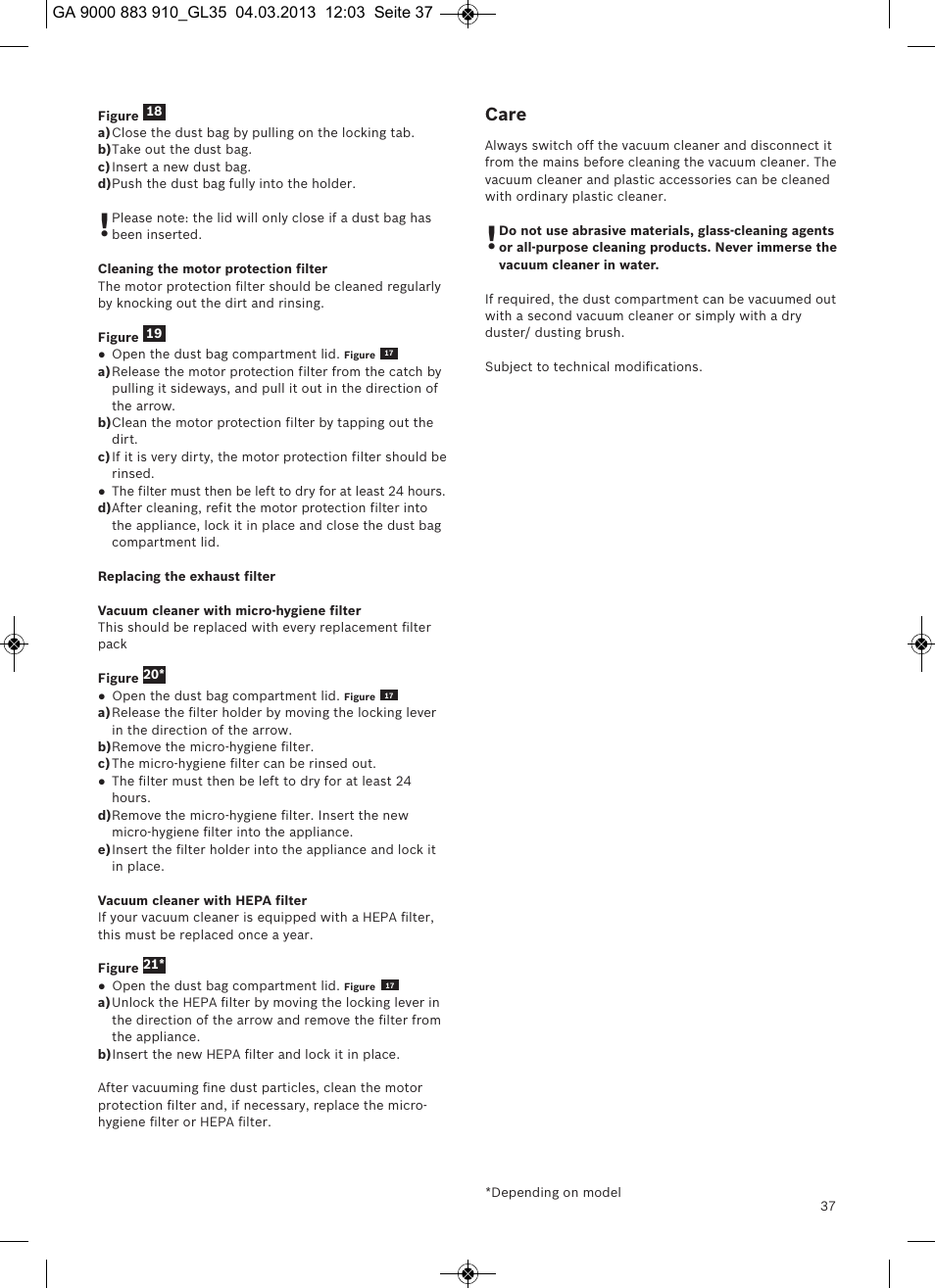 Care | Bosch MoveOn Bodenstaubsauger mit Staubbeutel BGL35MOVE2 flaming red User Manual | Page 38 / 110