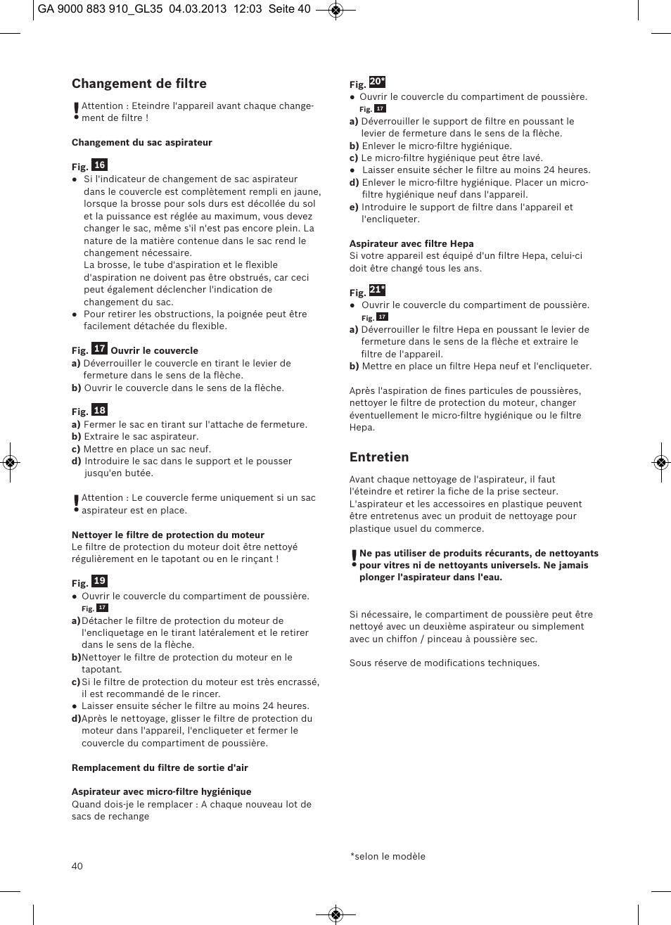 Changement de ﬁltre, Entretien | Bosch MoveOn Bodenstaubsauger mit Staubbeutel BGL35MOVE2 flaming red User Manual | Page 41 / 110